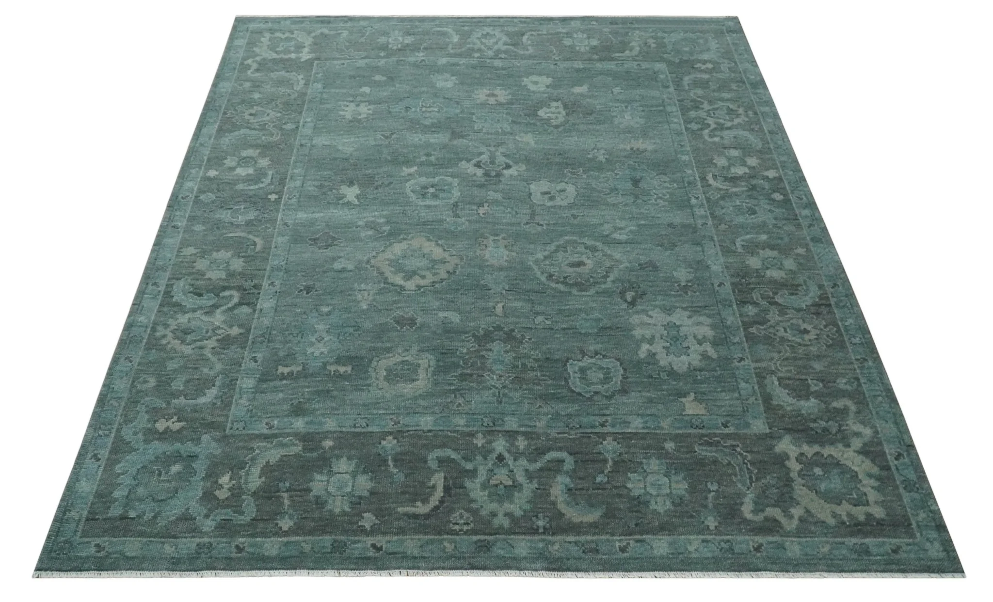 Custom Made Antique Style Blue and Charcoal Hand Knotted Oushak Wool Area Rug - Image 10