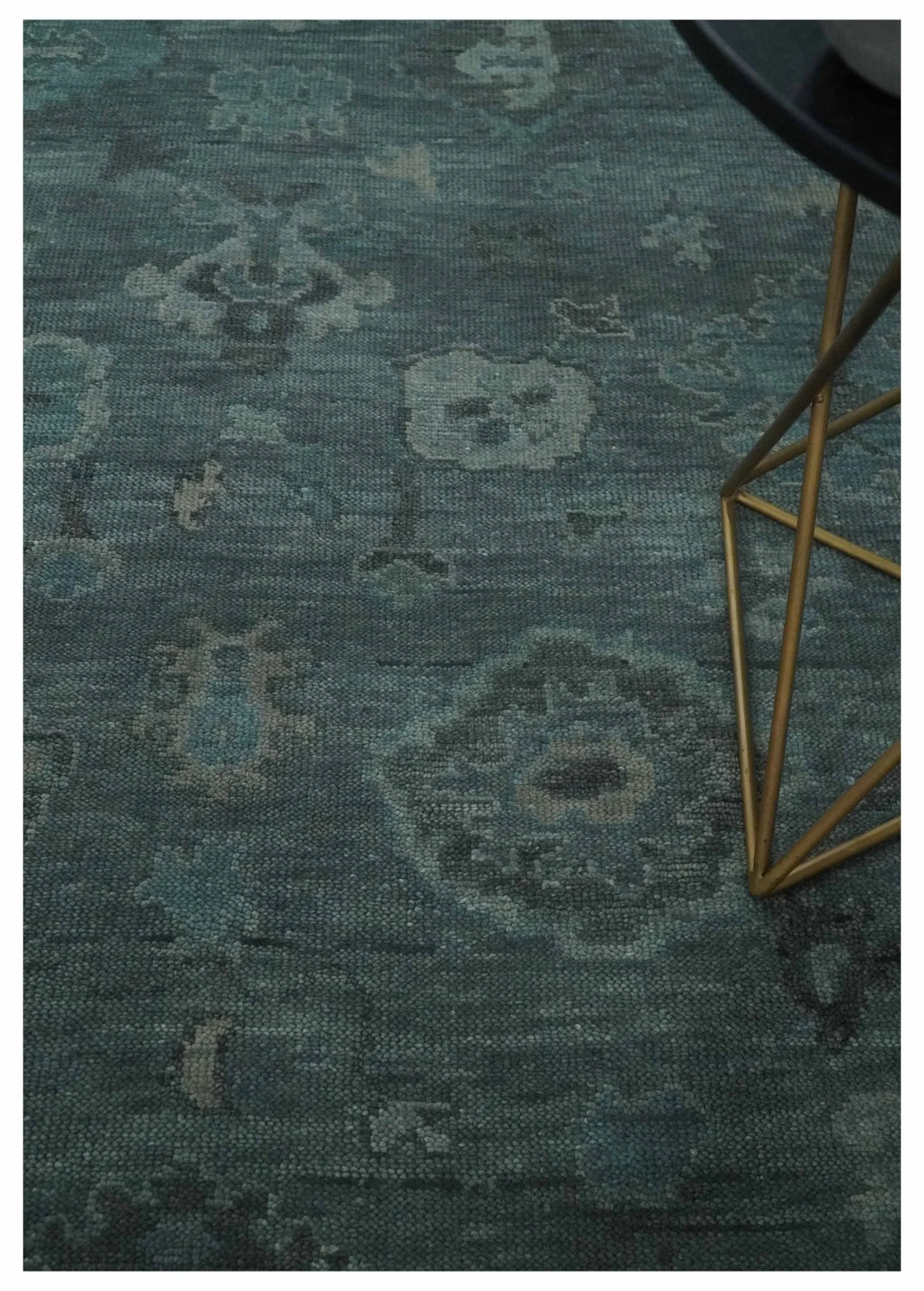 Custom Made Antique Style Blue and Charcoal Hand Knotted Oushak Wool Area Rug - Image 2
