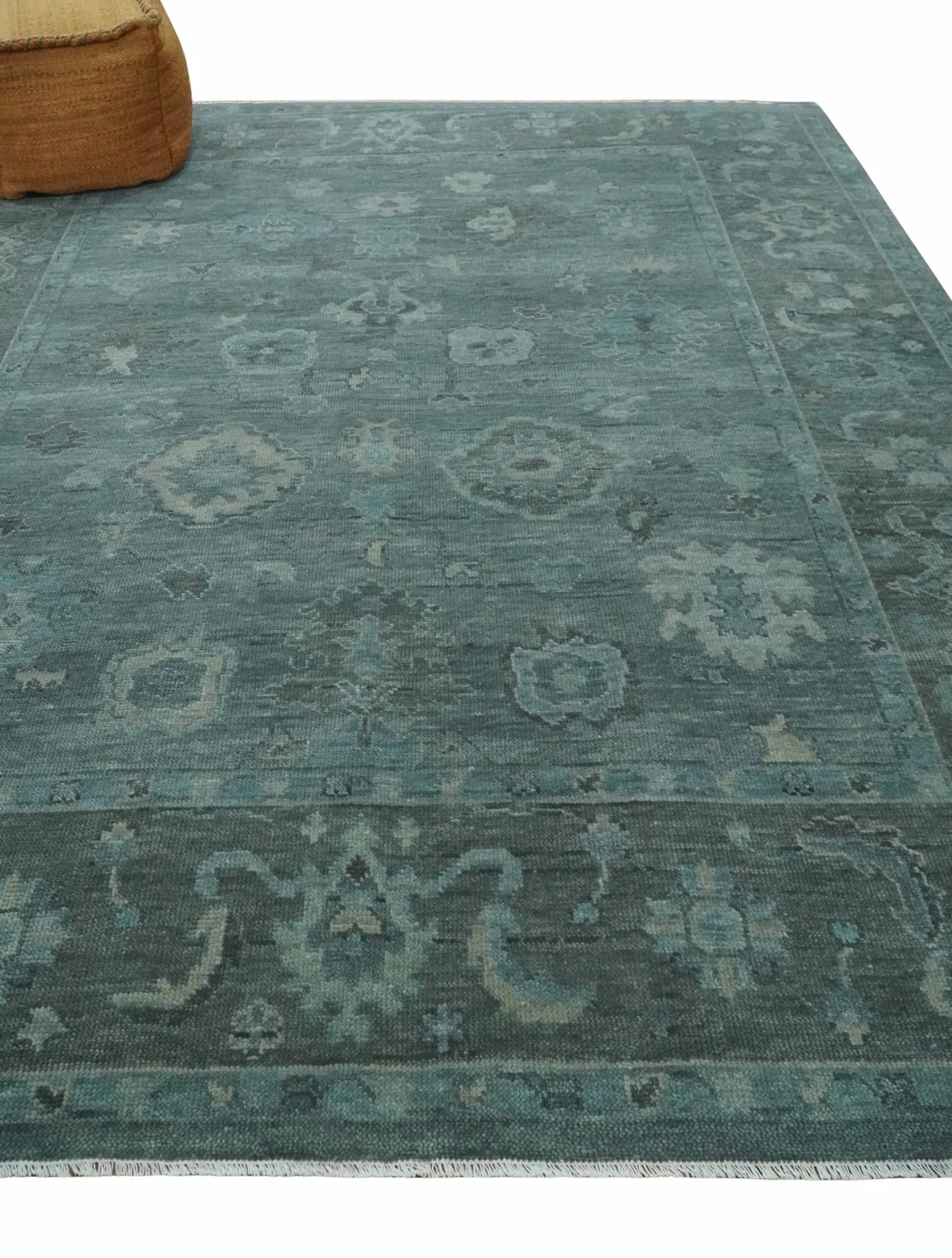 Custom Made Antique Style Blue and Charcoal Hand Knotted Oushak Wool Area Rug - Image 3