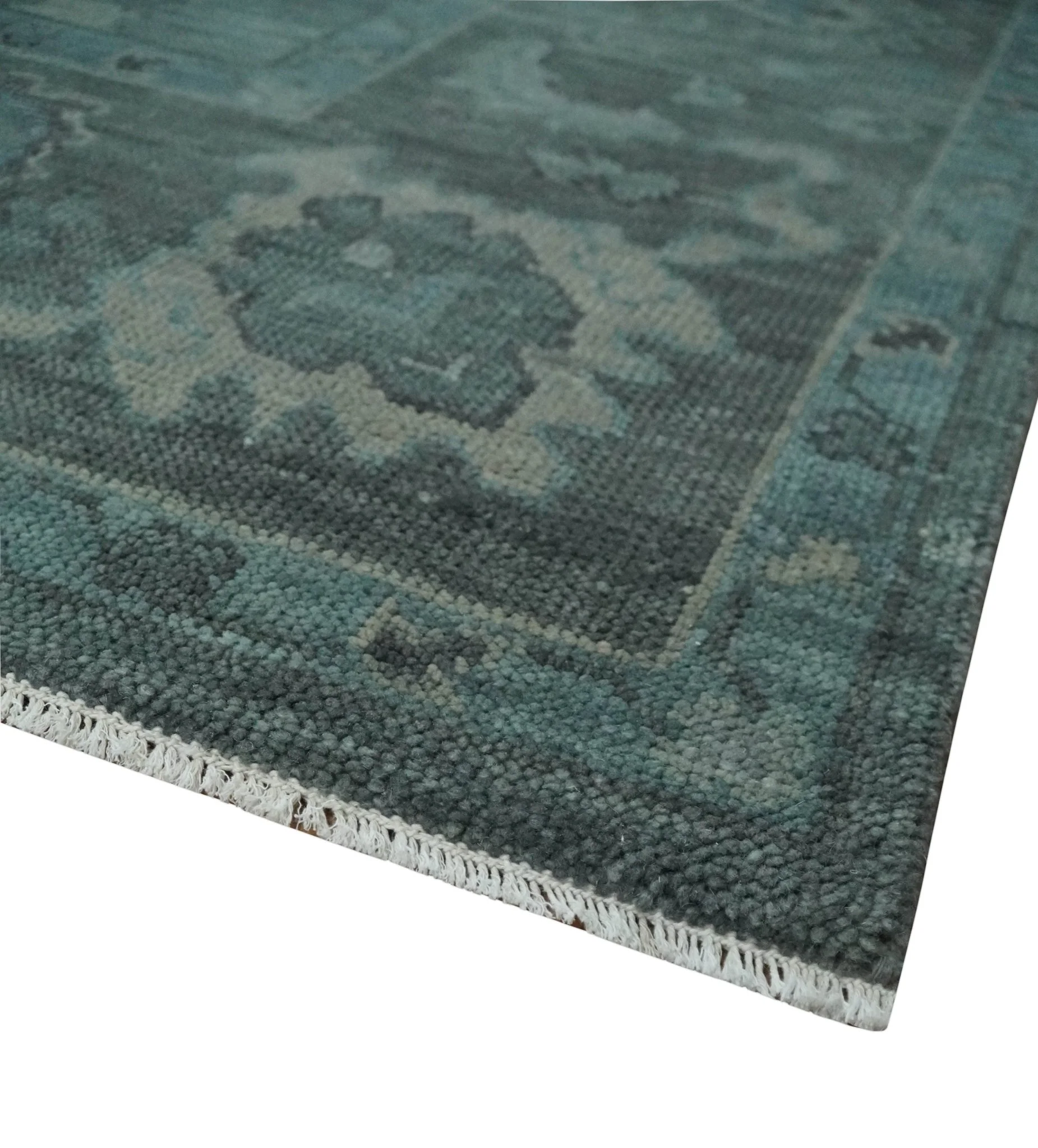 Custom Made Antique Style Blue and Charcoal Hand Knotted Oushak Wool Area Rug - Image 5