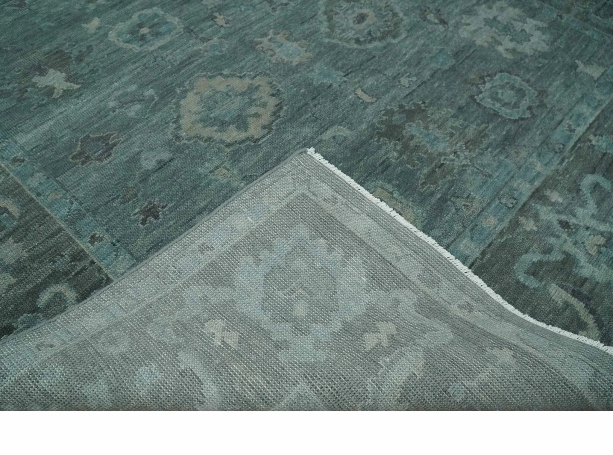 Custom Made Antique Style Blue and Charcoal Hand Knotted Oushak Wool Area Rug - Image 7