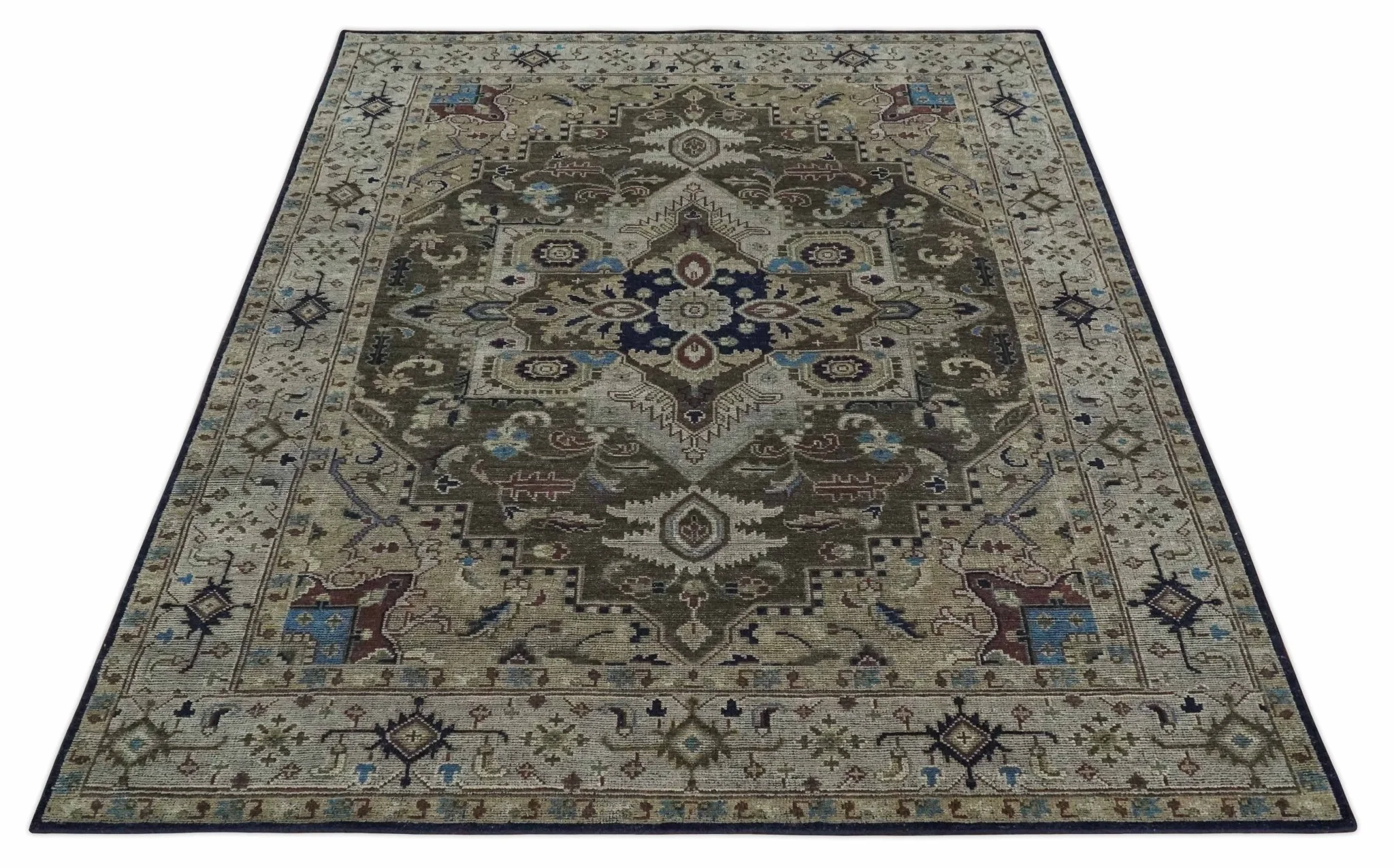 Custom Made Antique Style Brown, Beige and Blue Traditional wool Area Rug - Image 10