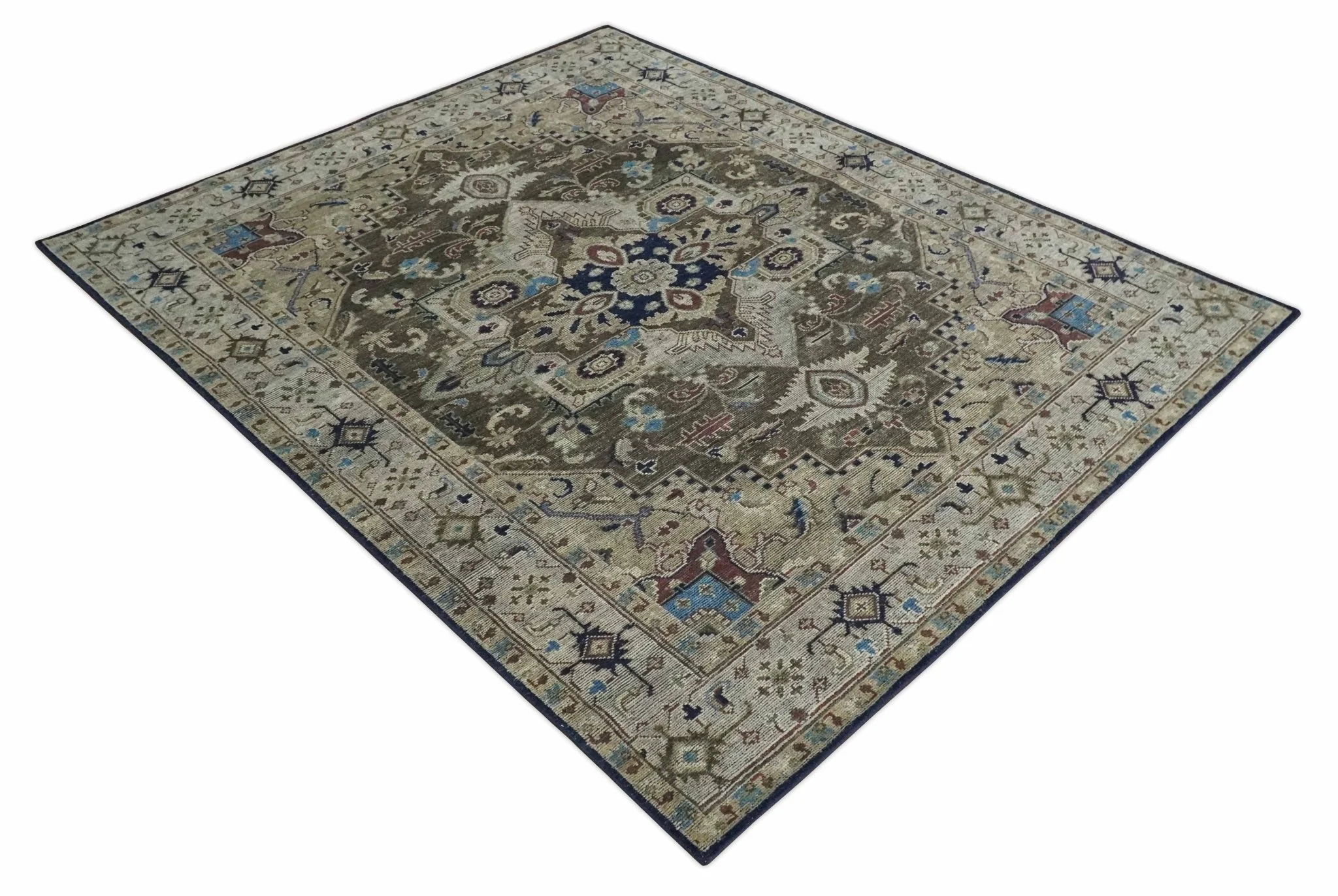 Custom Made Antique Style Brown, Beige and Blue Traditional wool Area Rug - Image 9
