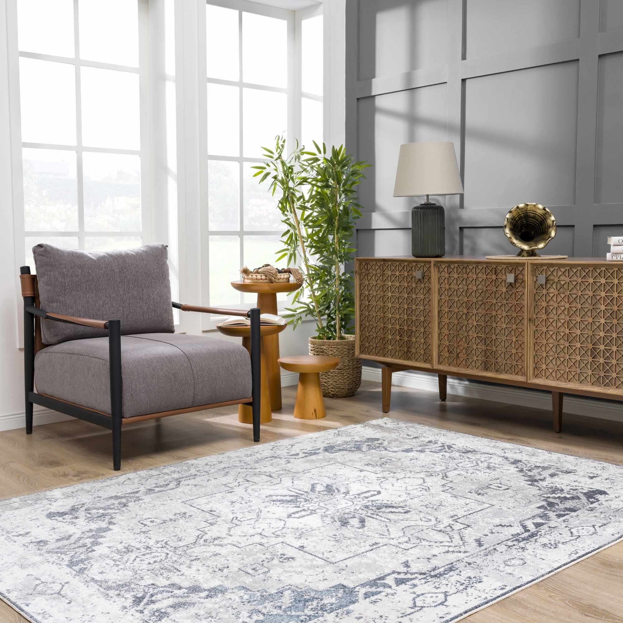Antique look Ivory And Charcoal Medallion Washable Area Rug - Image 17