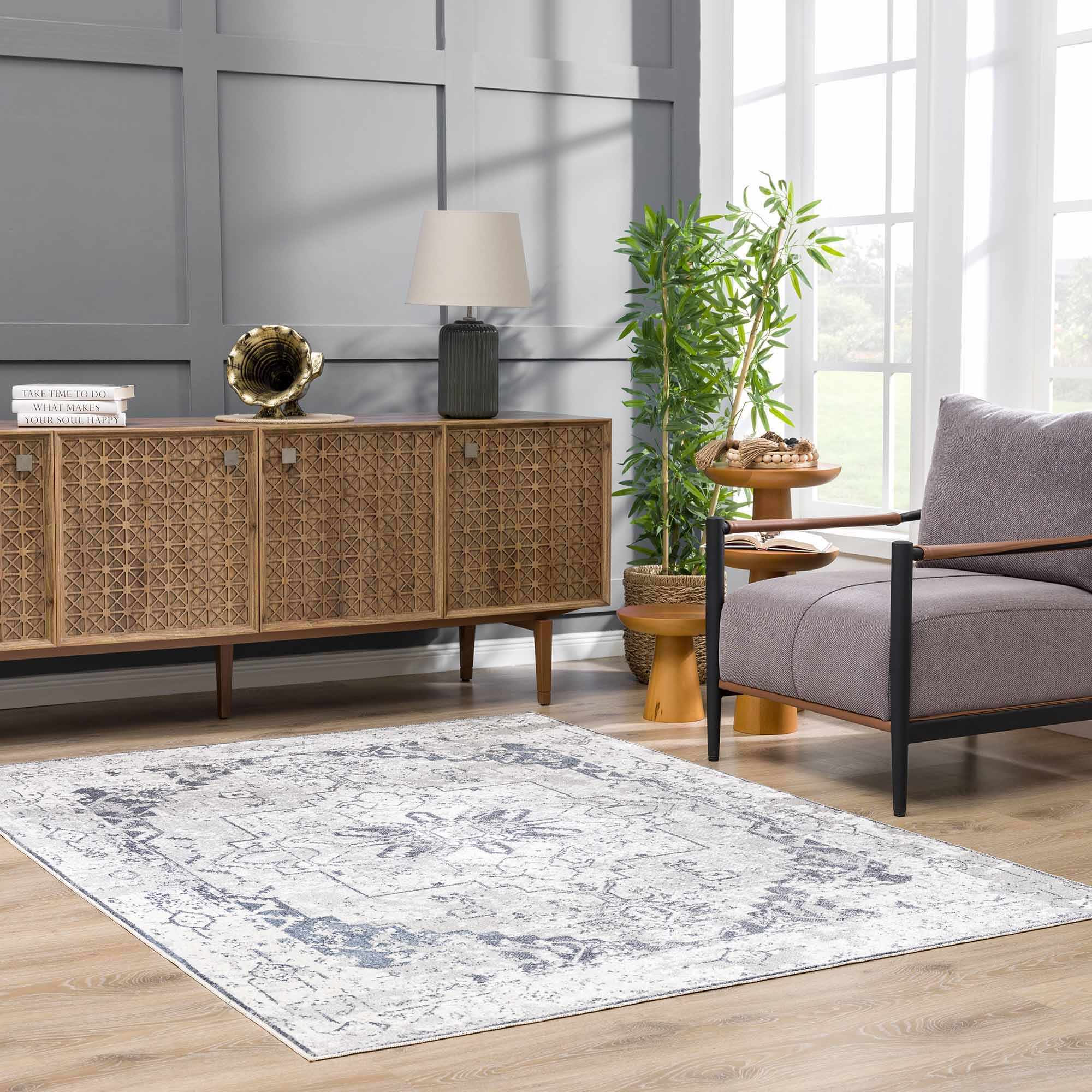 Antique look Ivory And Charcoal Medallion Washable Area Rug - Image 4