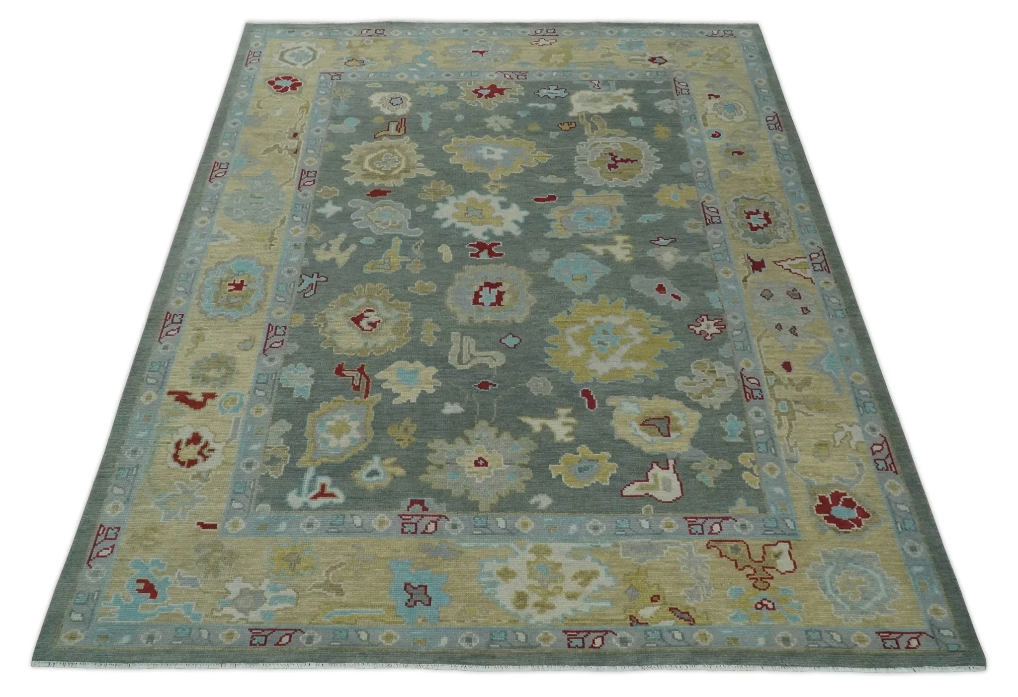Antique look Hand Knotted Silver and Beige Traditional Oushak Wool Area Rug - Image 10