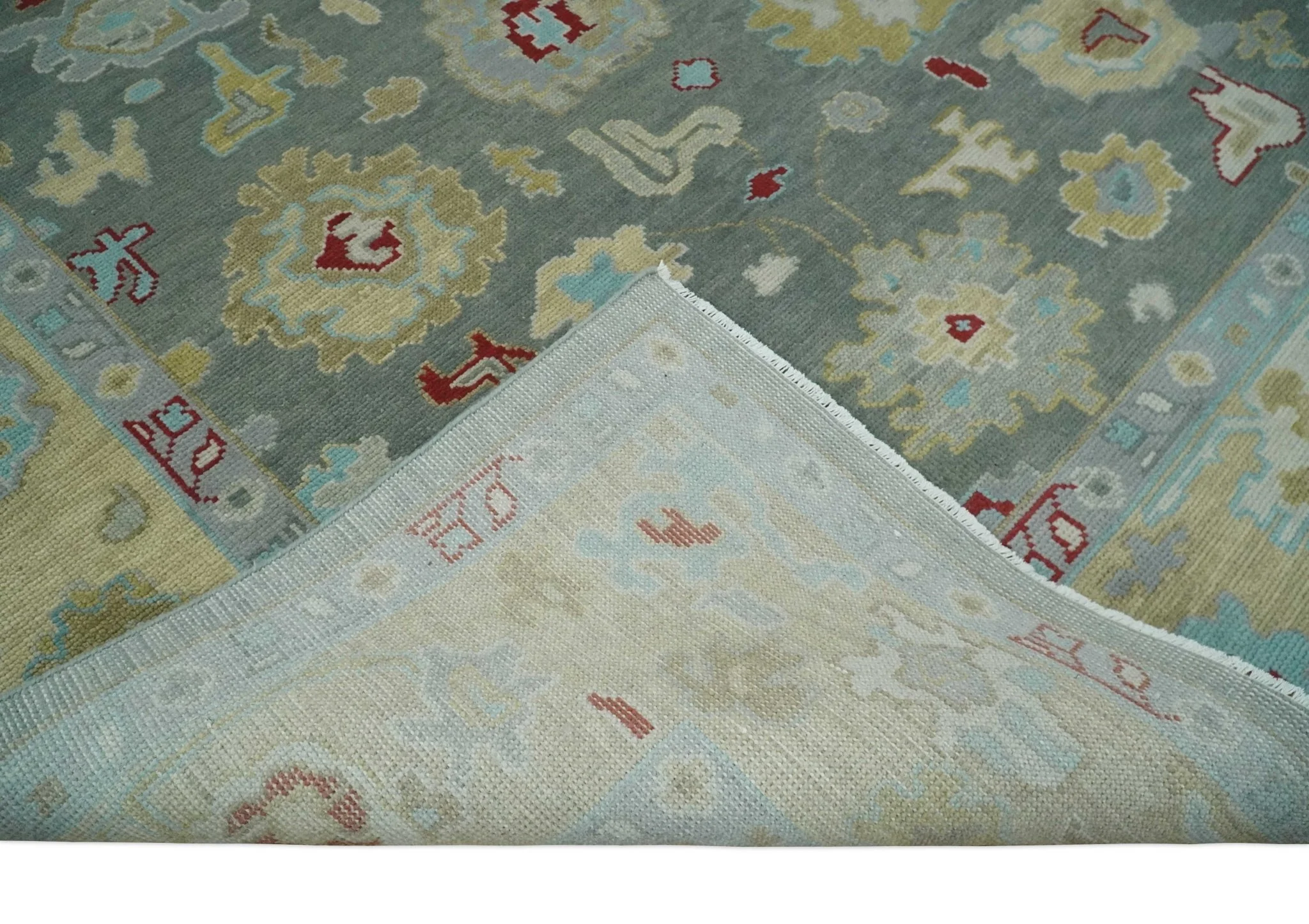 Antique look Hand Knotted Silver and Beige Traditional Oushak Wool Area Rug - Image 7