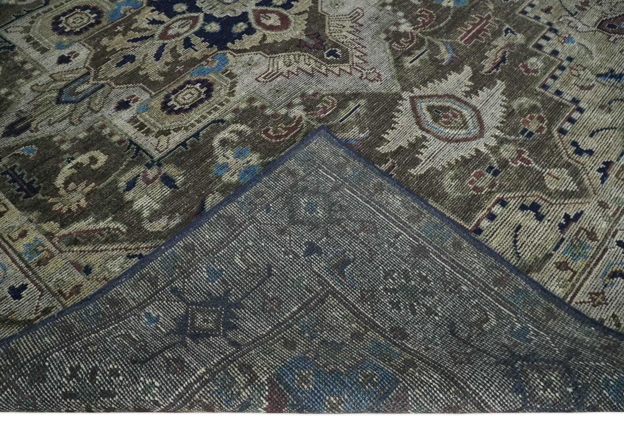 8x10 Antique look Brown, Beige and Blue Traditional Medallion wool Area Rug - Image 8