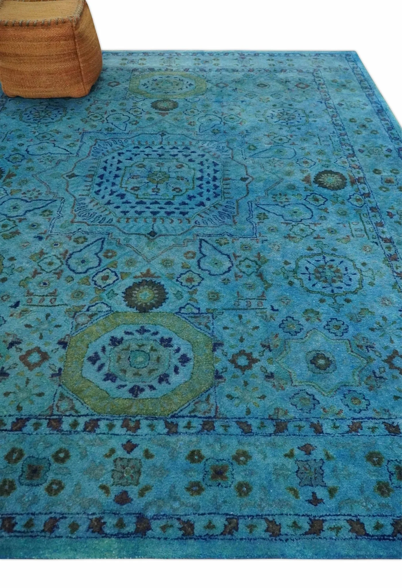 Antique look Traditional Mamluk design Hand Tufted Blue Overdyed Custom Made Wool Area Rug - Image 3