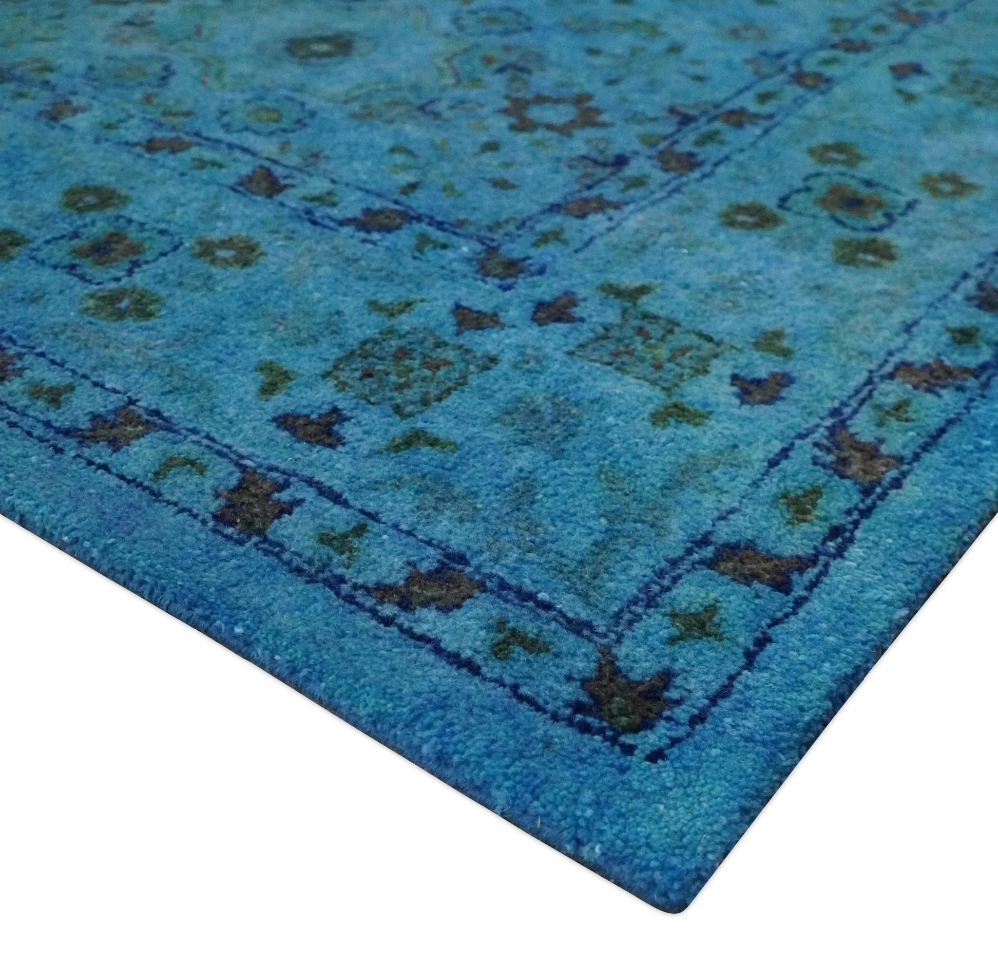 Antique look Traditional Mamluk design Hand Tufted Blue Overdyed Custom Made Wool Area Rug - Image 4