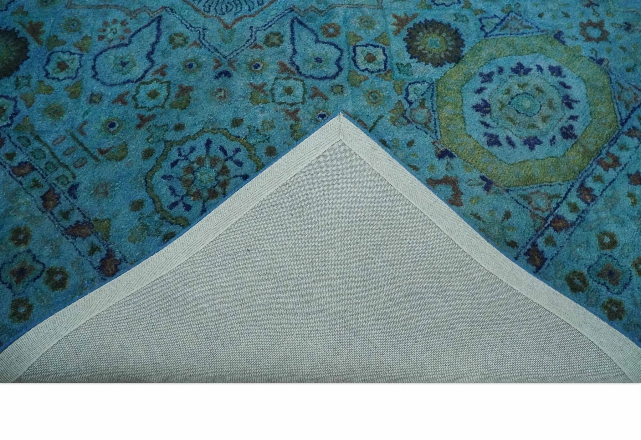 Antique look Traditional Mamluk design Hand Tufted Blue Overdyed Custom Made Wool Area Rug - Image 5