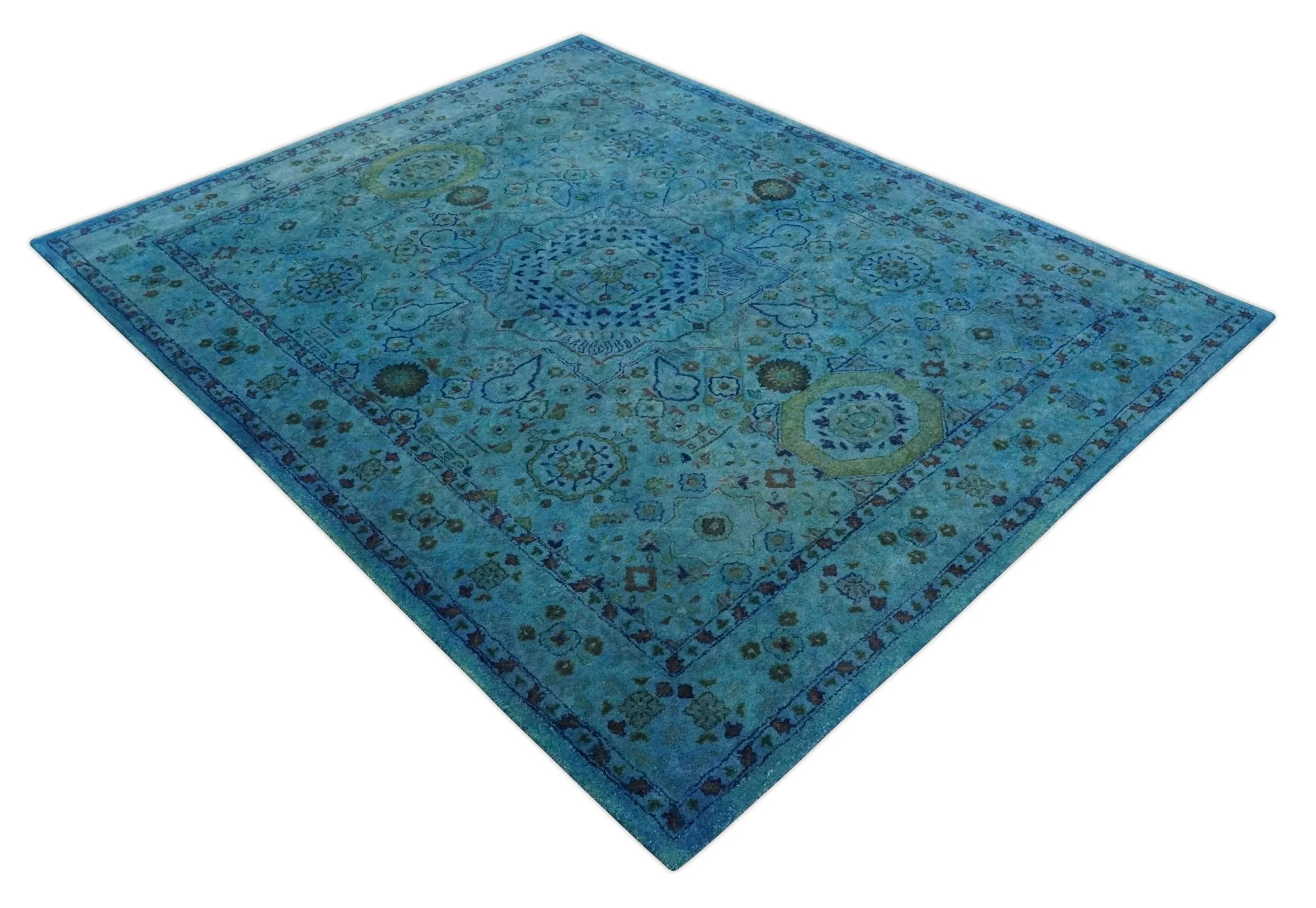 Antique look Traditional Mamluk design Hand Tufted Blue Overdyed Custom Made Wool Area Rug - Image 7