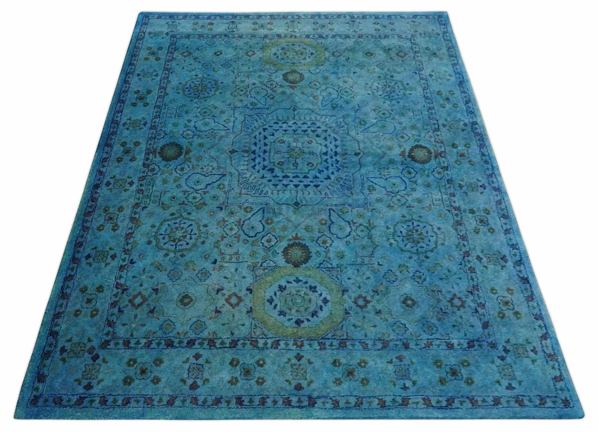Antique look Traditional Mamluk design Hand Tufted Blue Overdyed Custom Made Wool Area Rug - Image 9