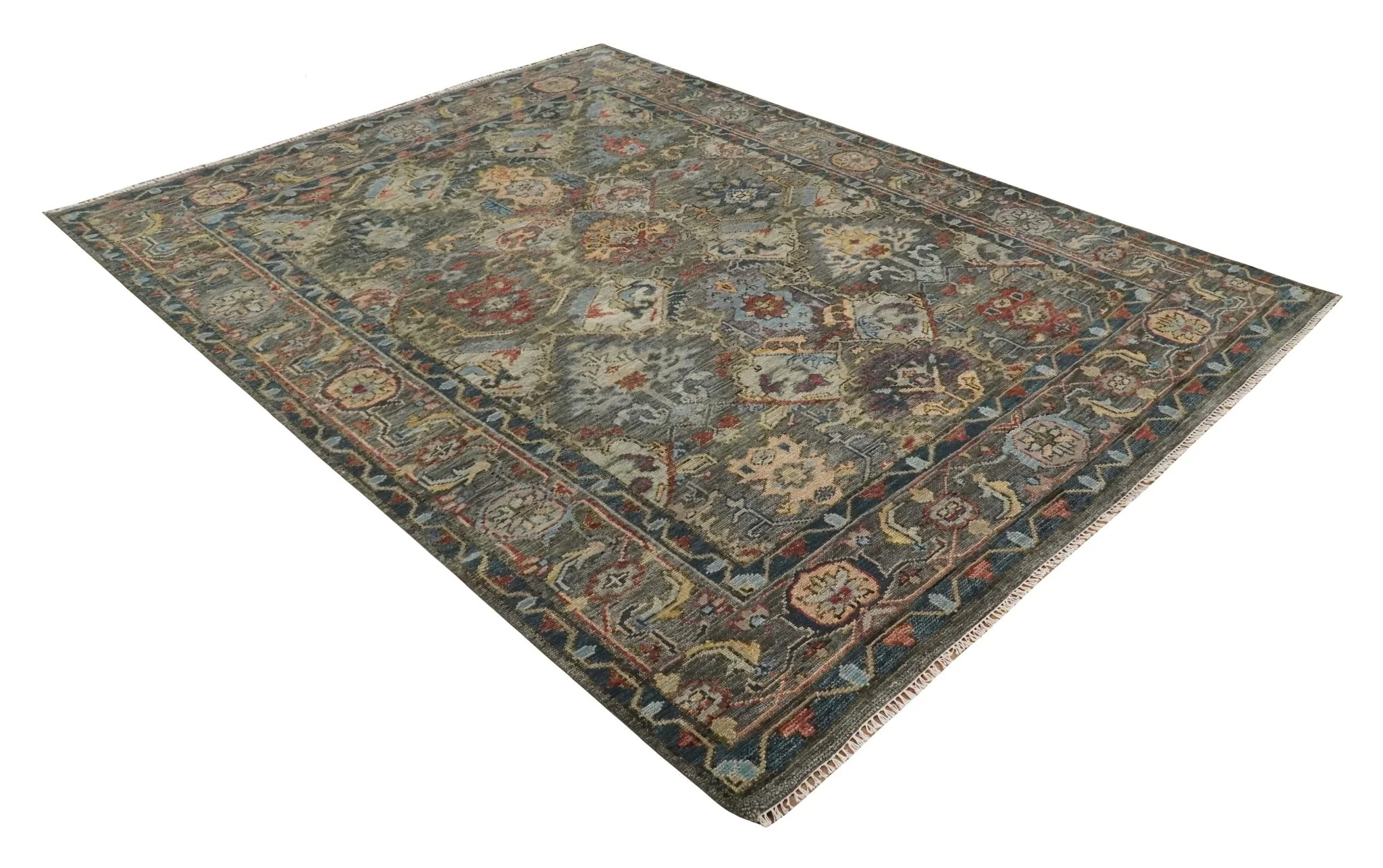 Antique Moss All Wool Traditional Oushak Charcoal, Brown and Blue Hand knotted Custom Made wool Area Rug - Image 11