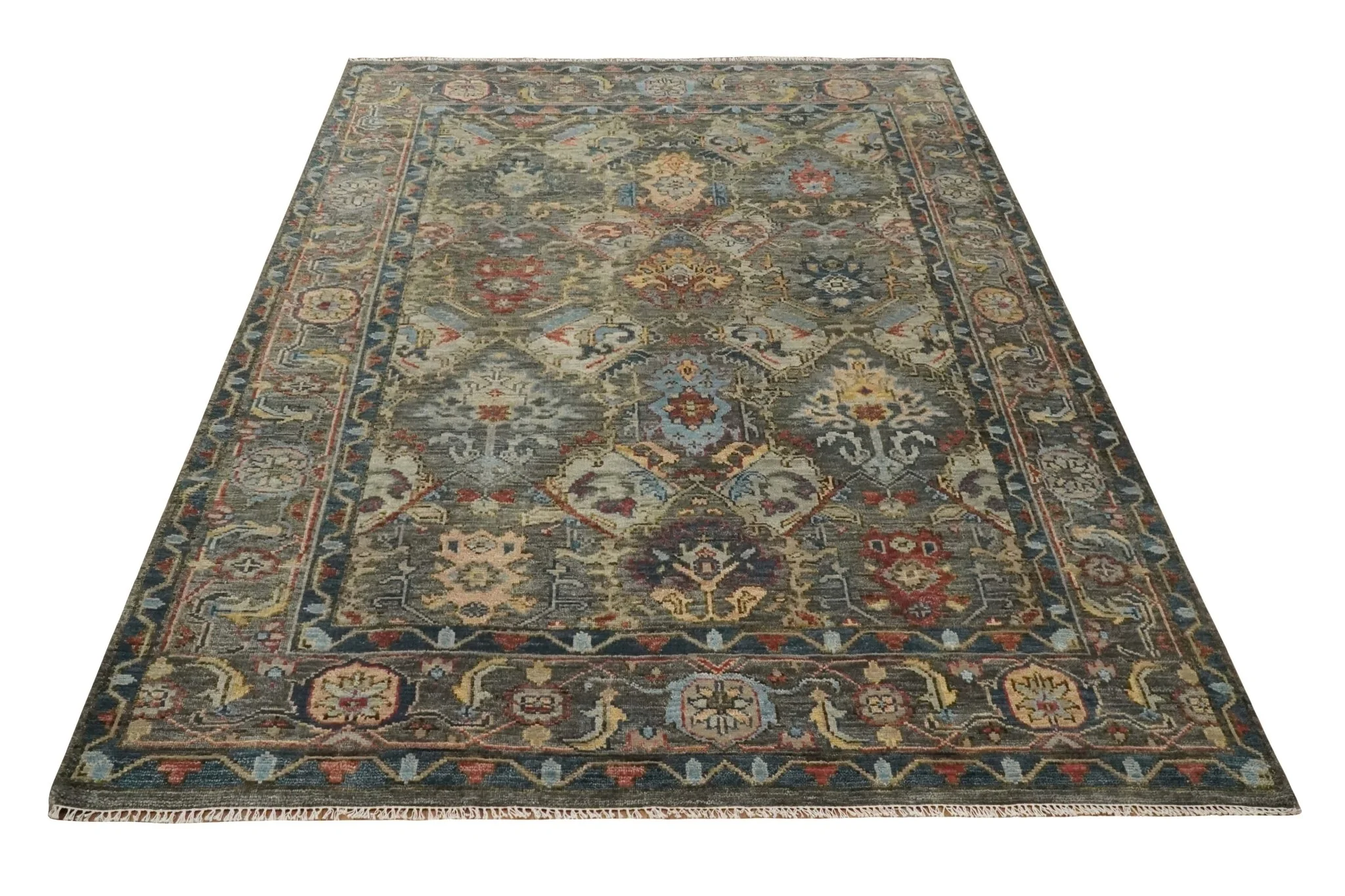 Antique Moss All Wool Traditional Oushak Charcoal, Brown and Blue Hand knotted Custom Made wool Area Rug - Image 12