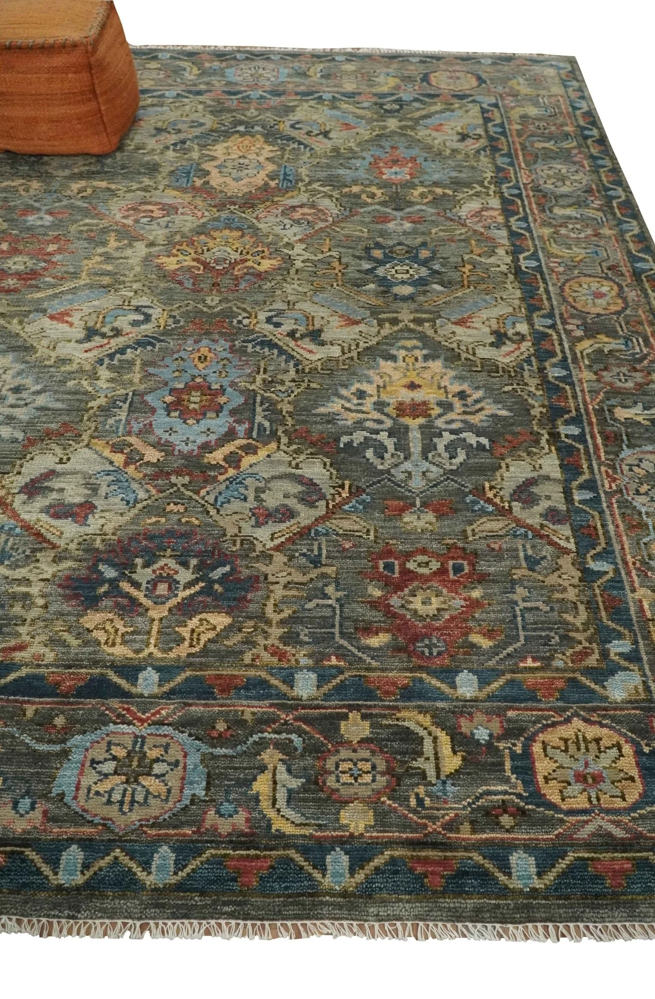 Antique Moss All Wool Traditional Oushak Charcoal, Brown and Blue Hand knotted Custom Made wool Area Rug - Image 3