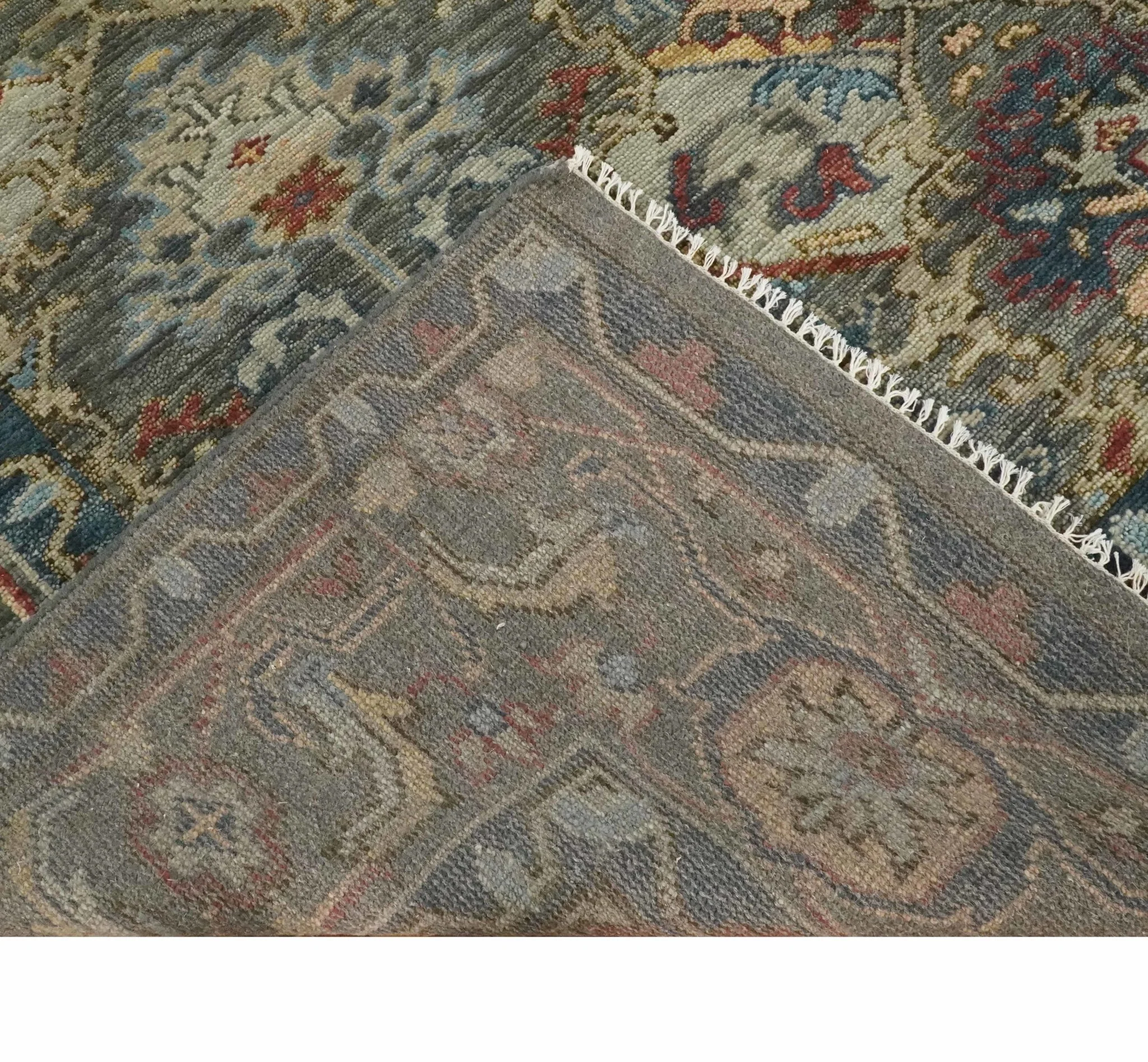 Antique Moss All Wool Traditional Oushak Charcoal, Brown and Blue Hand knotted Custom Made wool Area Rug - Image 7