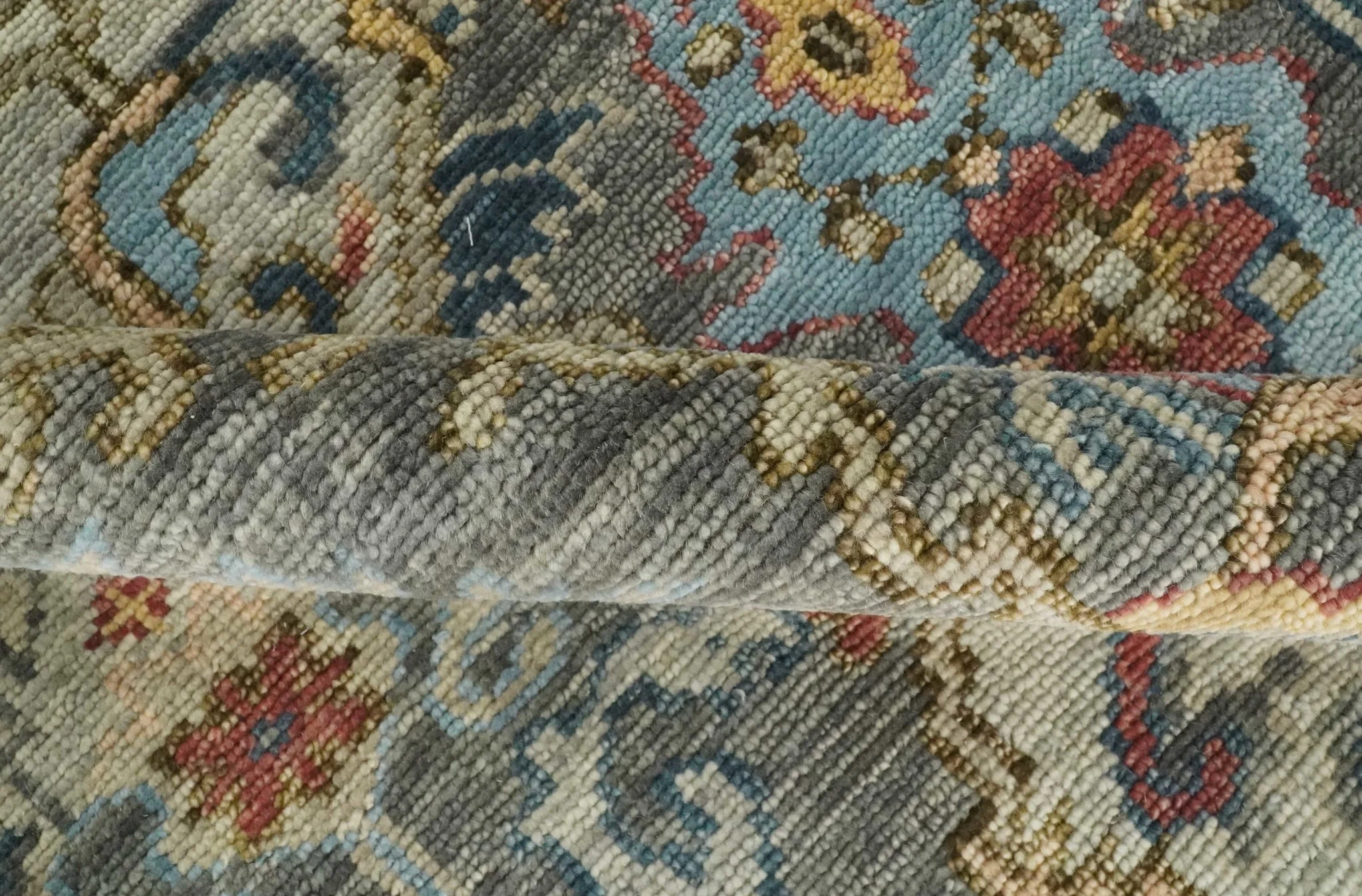 Antique Moss All Wool Traditional Oushak Charcoal, Brown and Blue Hand knotted Custom Made wool Area Rug - Image 8