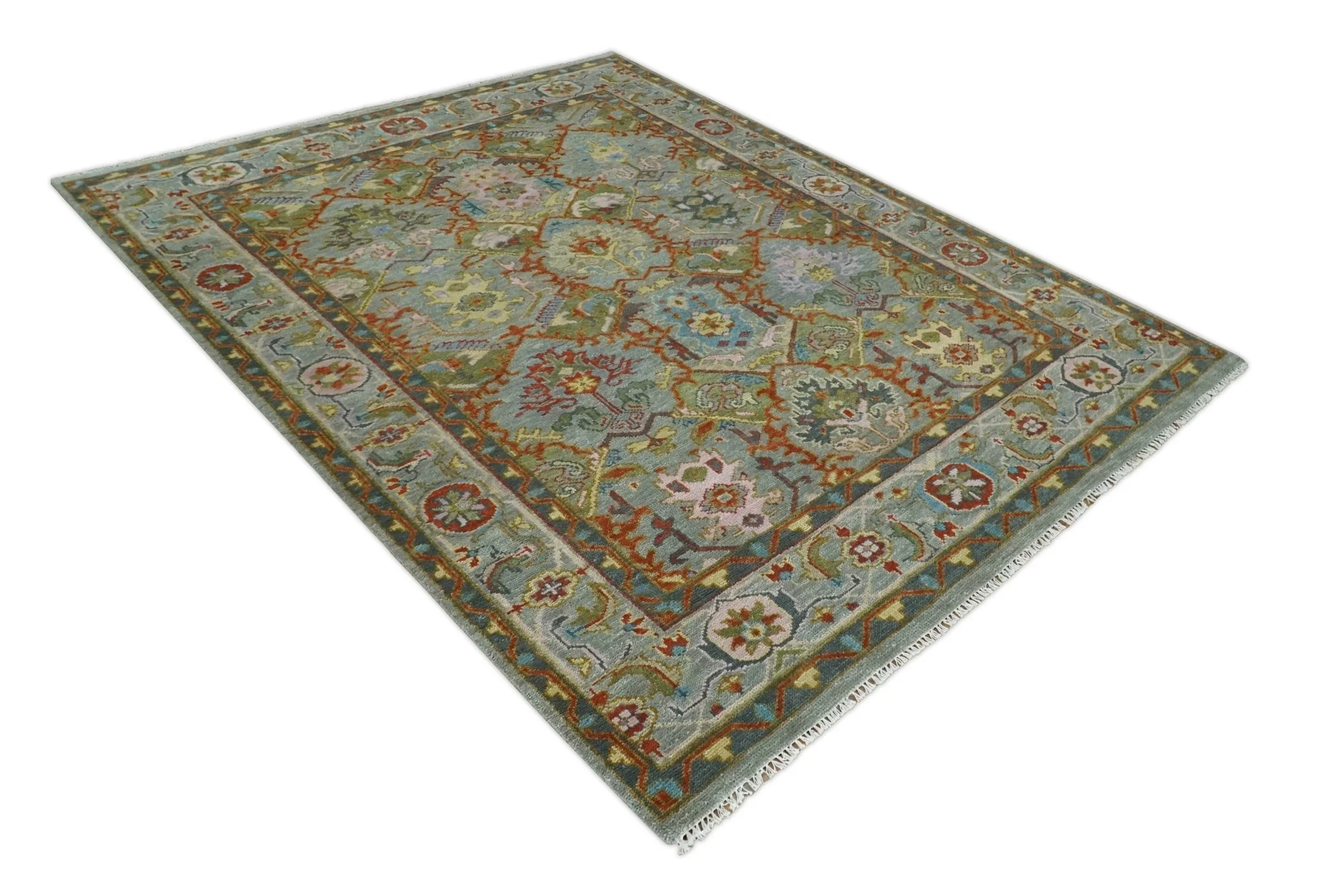 Antique Moss All Wool Traditional Persian Silver, Rust and Green Hand knotted Oushak Area Rug | TRDCP719 - Image 9