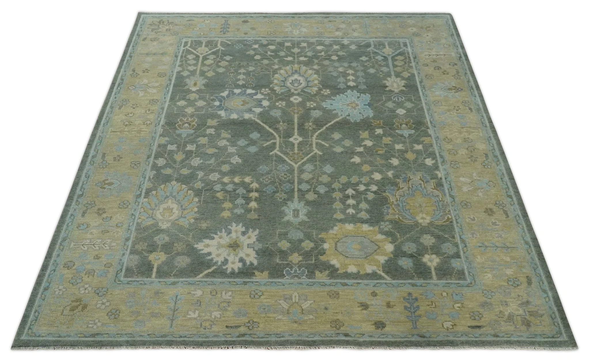 Antique Moss Charcoal Hand Knotted Olive and Beige Traditional Floral Vintage Wool Rug - Image 10