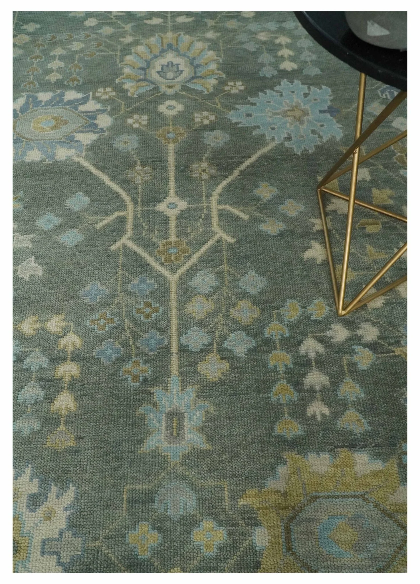 Antique Moss Charcoal Hand Knotted Olive and Beige Traditional Floral Vintage Wool Rug - Image 2