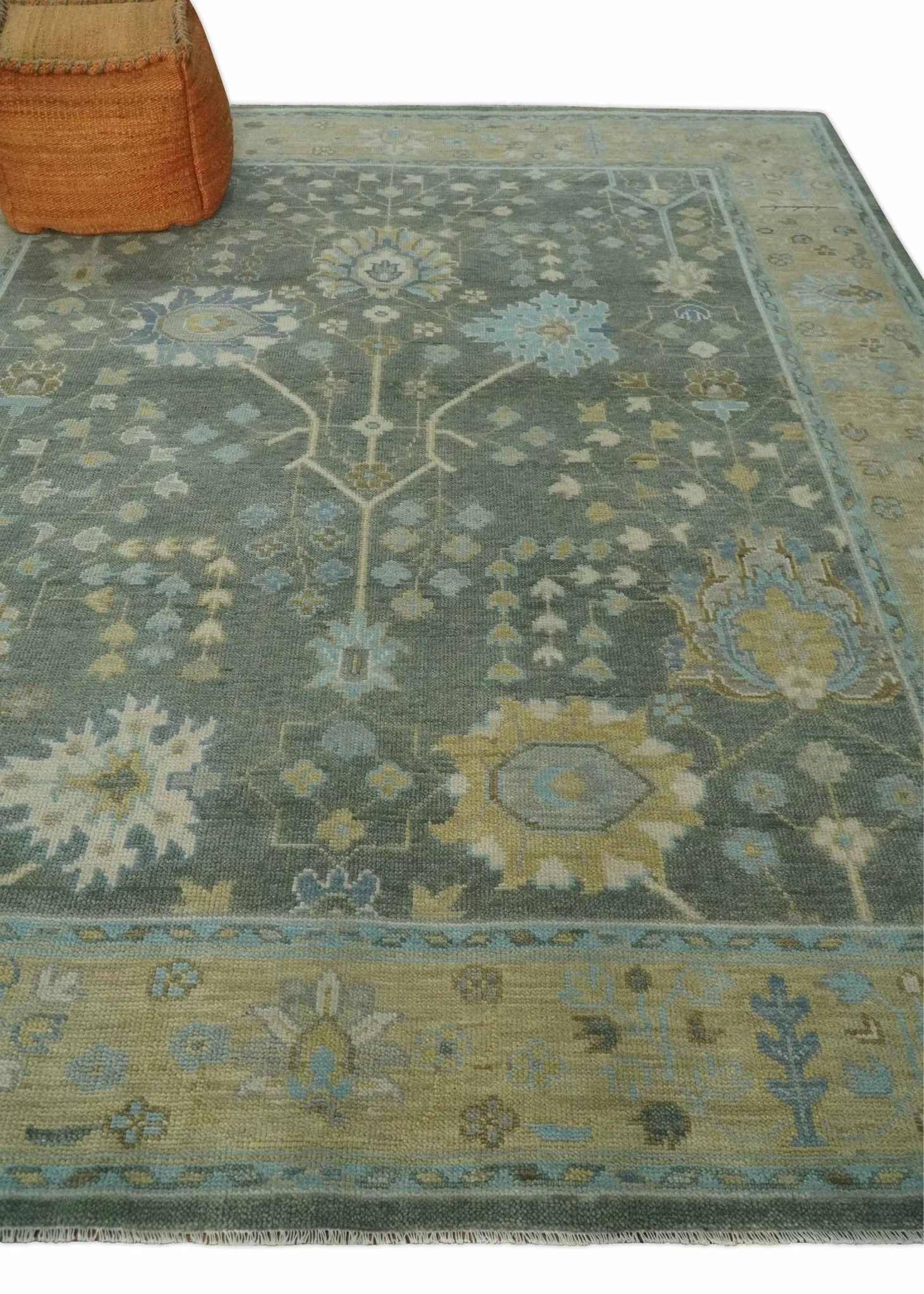 Antique Moss Charcoal Hand Knotted Olive and Beige Traditional Floral Vintage Wool Rug - Image 3
