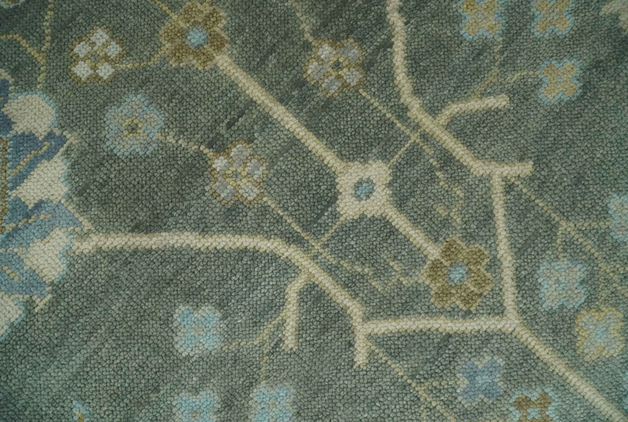 Antique Moss Charcoal Hand Knotted Olive and Beige Traditional Floral Vintage Wool Rug - Image 4