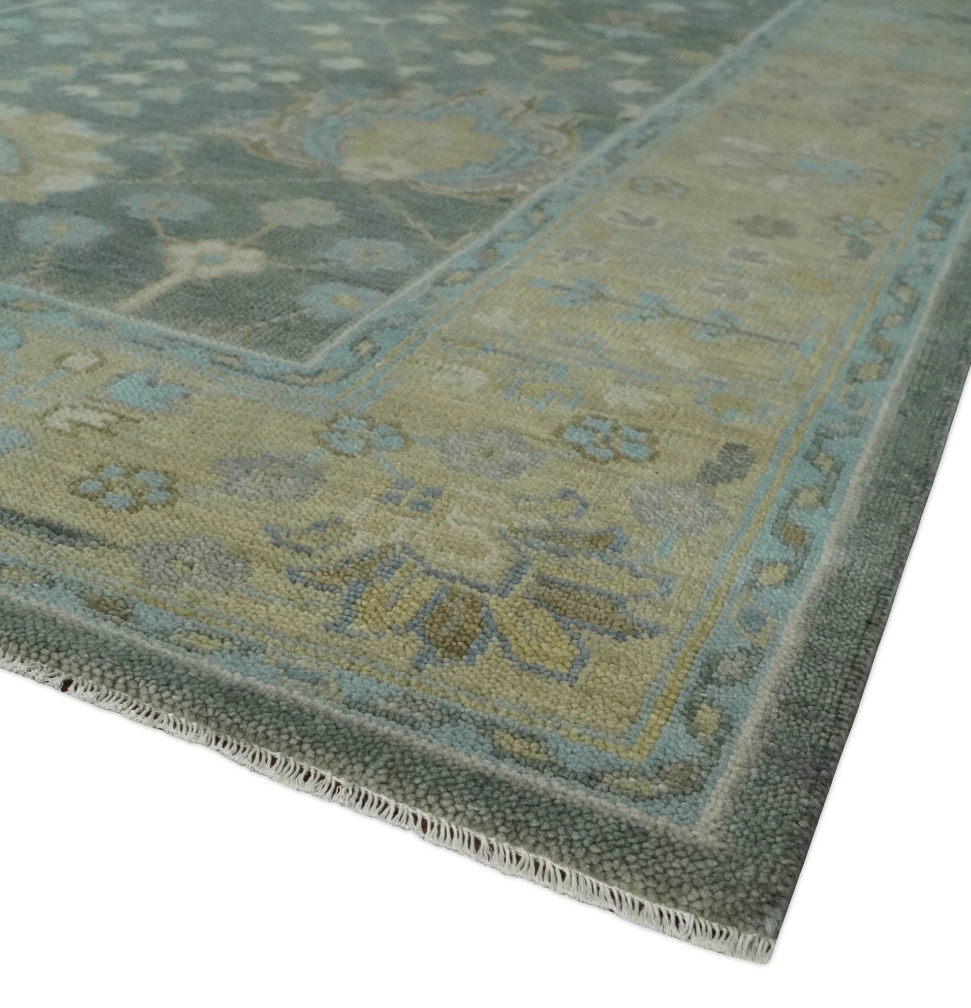 Antique Moss Charcoal Hand Knotted Olive and Beige Traditional Floral Vintage Wool Rug - Image 5
