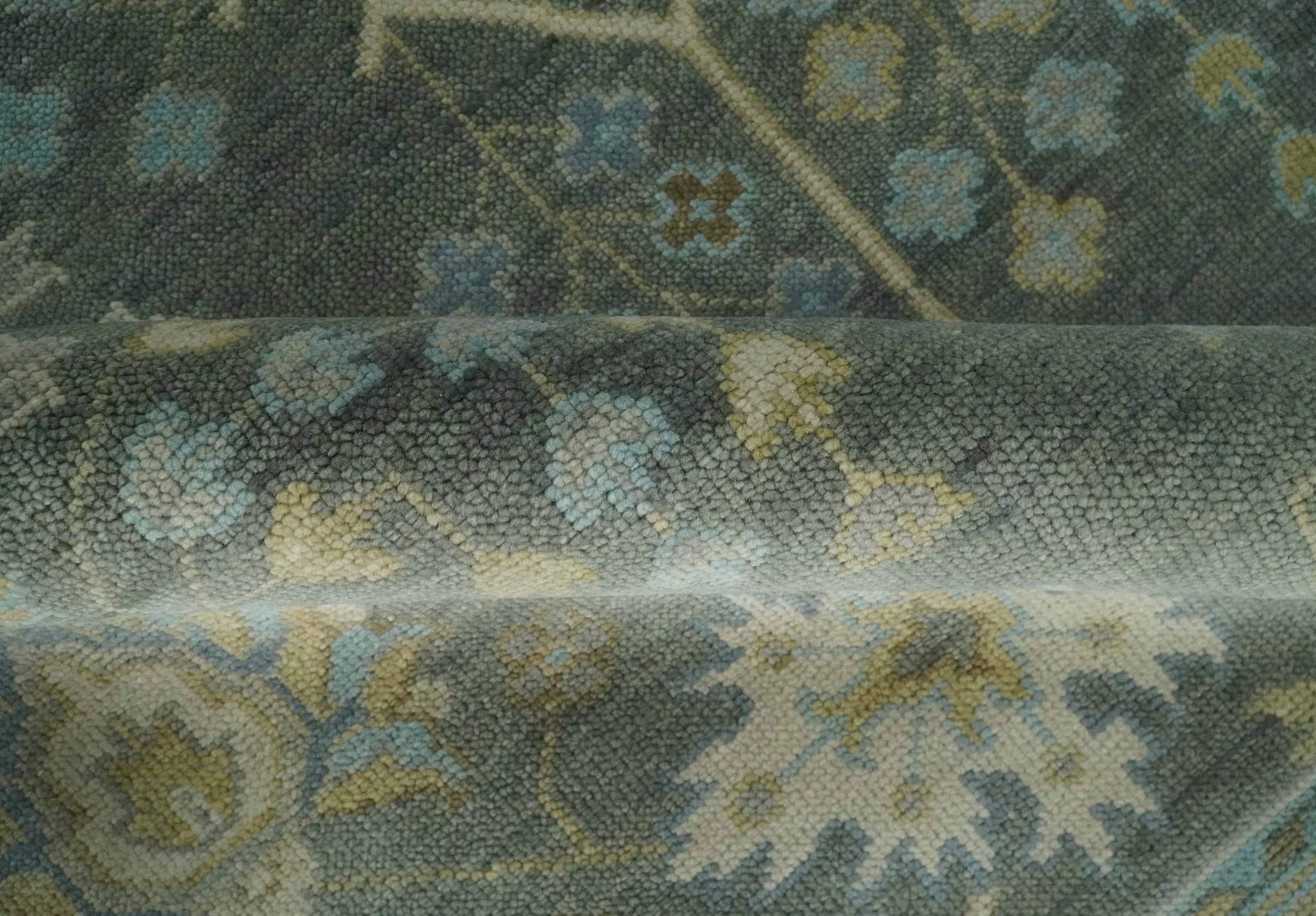 Antique Moss Charcoal Hand Knotted Olive and Beige Traditional Floral Vintage Wool Rug - Image 6
