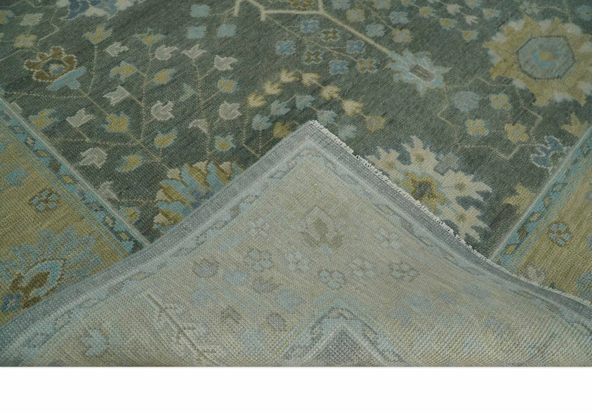 Antique Moss Charcoal Hand Knotted Olive and Beige Traditional Floral Vintage Wool Rug - Image 7