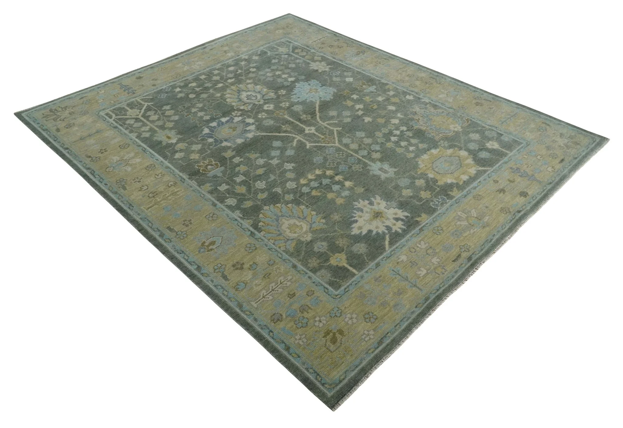 Antique Moss Charcoal Hand Knotted Olive and Beige Traditional Floral Vintage Wool Rug - Image 9