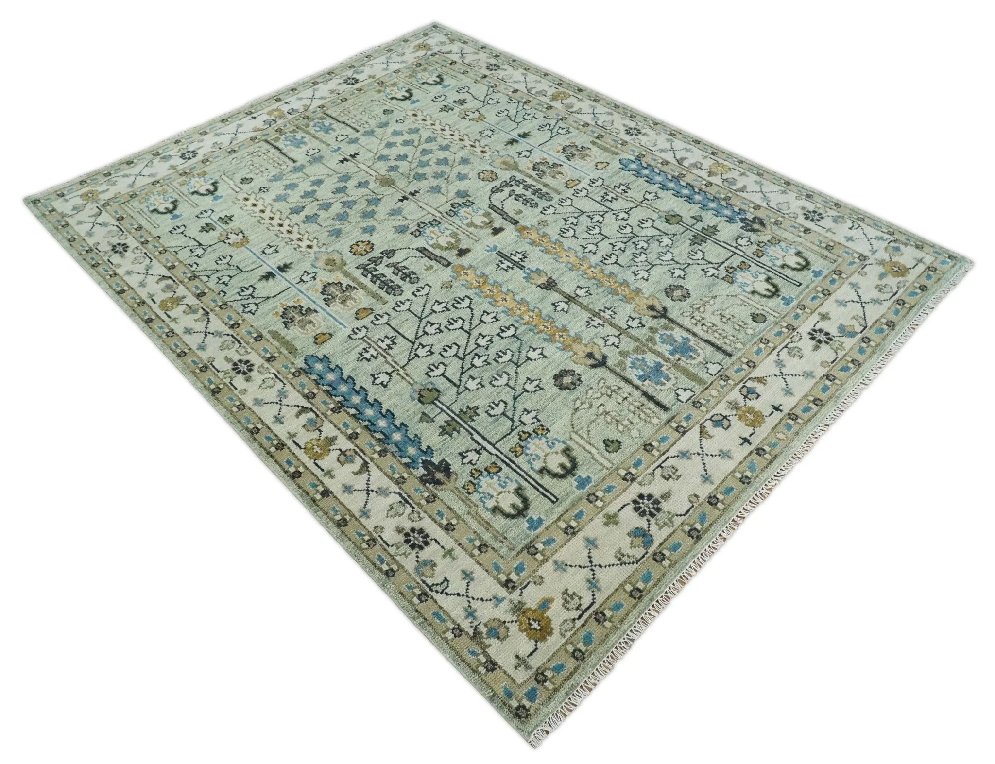 Moss Green and Ivory Multi Size Vintage Wool Hand Knotted Rug - Image 10