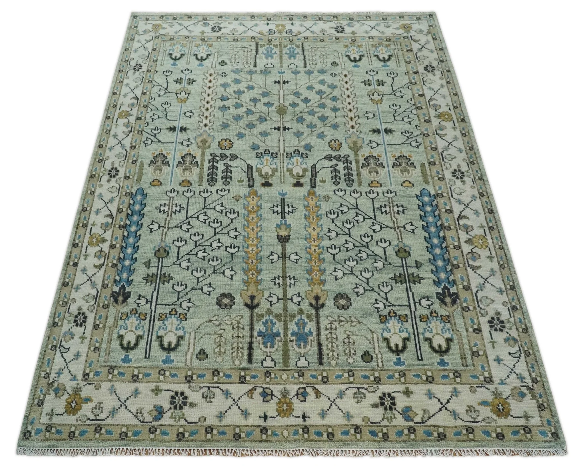 Moss Green and Ivory Multi Size Vintage Wool Hand Knotted Rug - Image 11