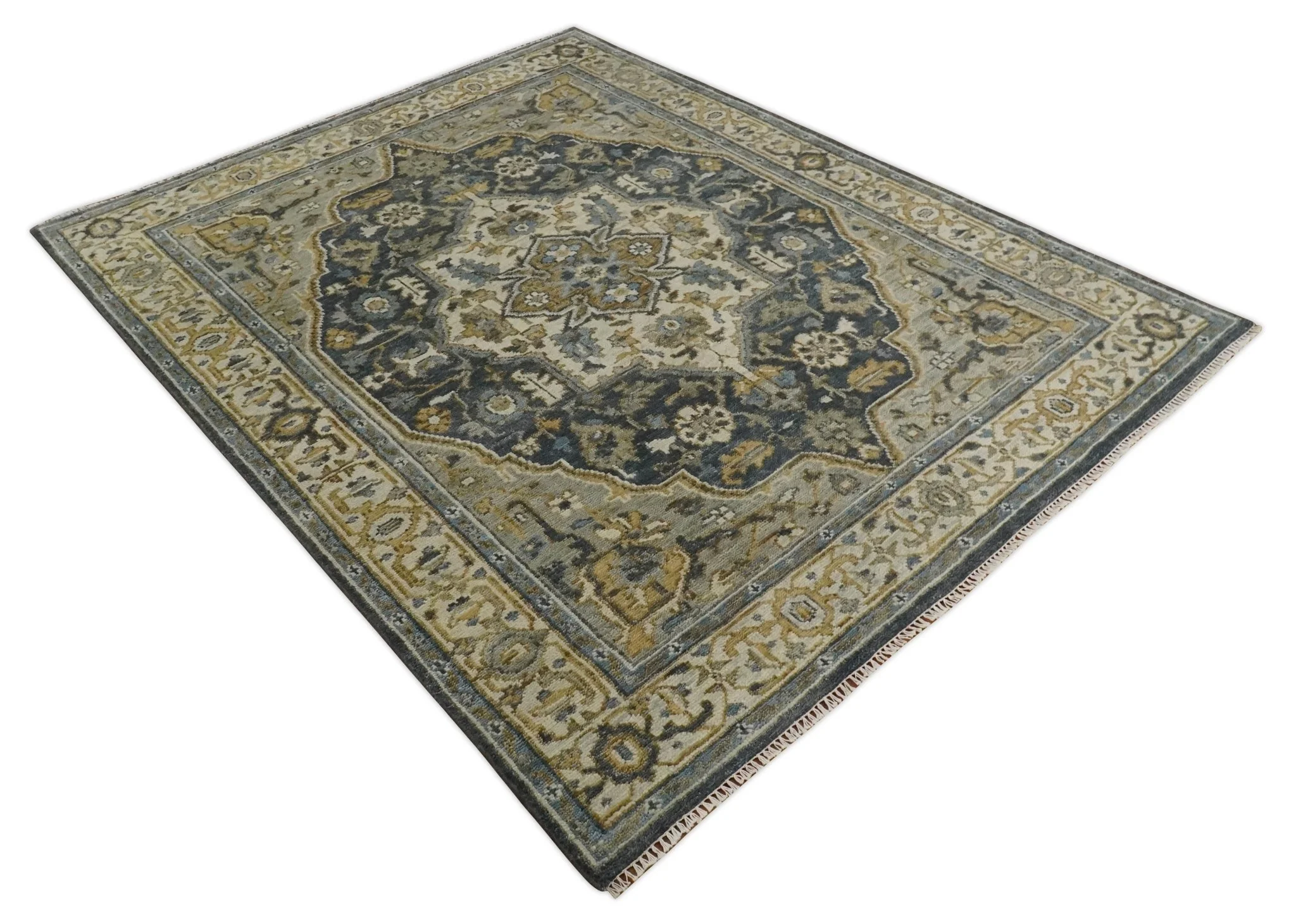Antique Muted Traditional Heriz Serapi Medallion Blue ,Beige and Brown Hand knotted Custom made wool Area Rug - Image 10