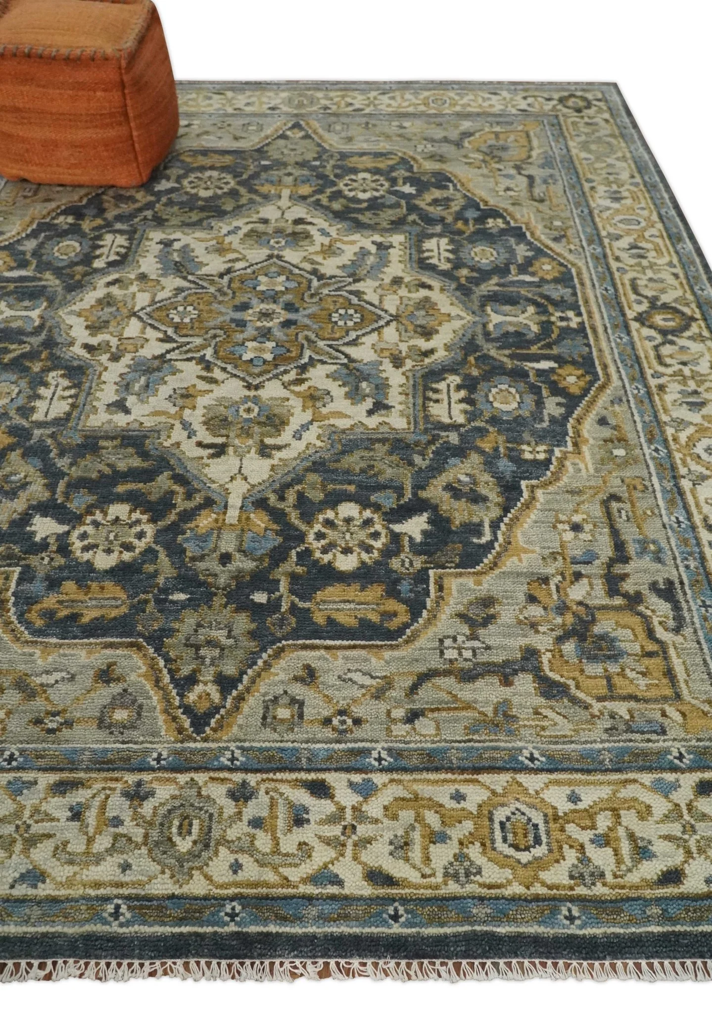 Antique Muted Traditional Heriz Serapi Medallion Blue ,Beige and Brown Hand knotted Custom made wool Area Rug - Image 3