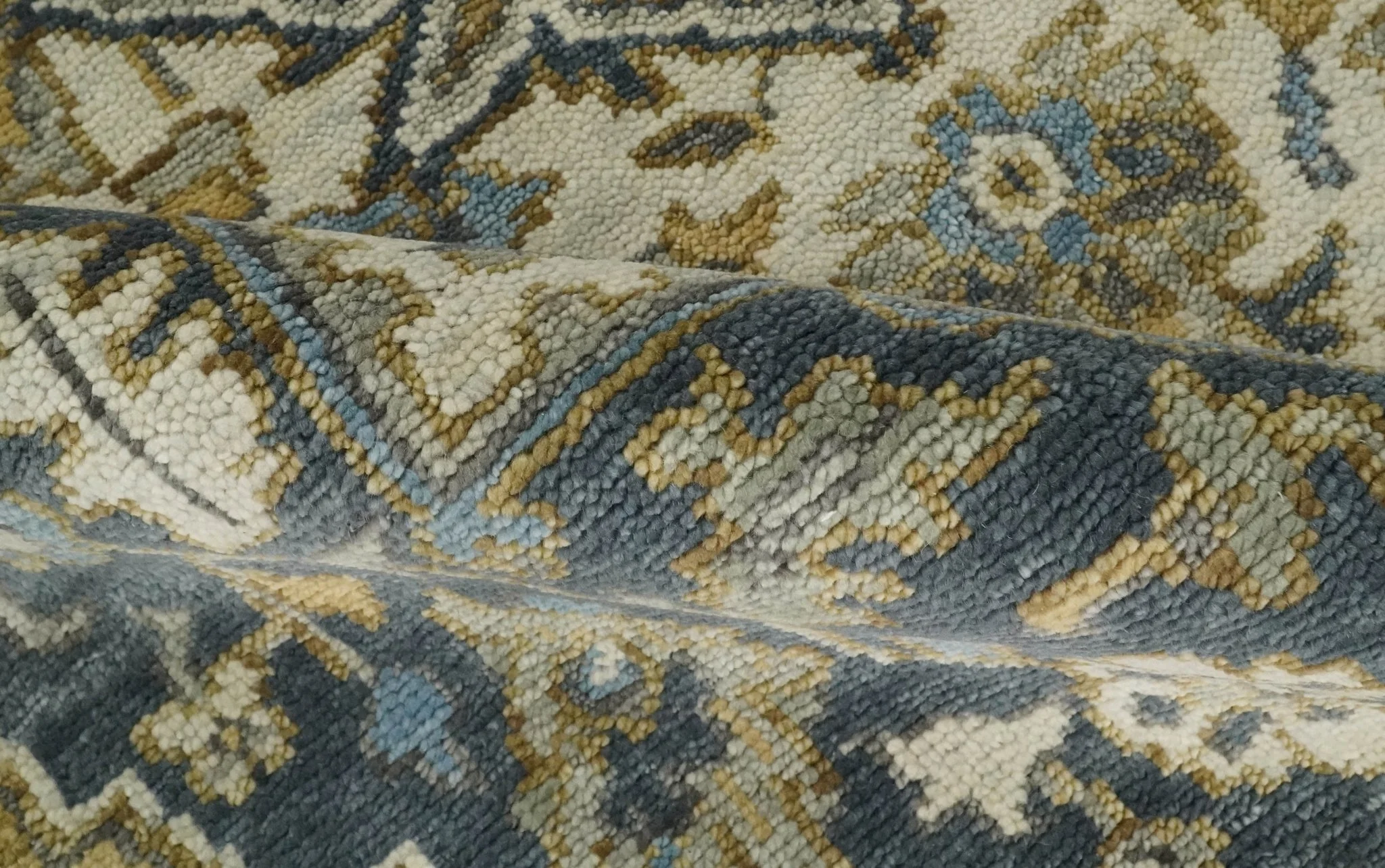 Antique Muted Traditional Heriz Serapi Medallion Blue ,Beige and Brown Hand knotted Custom made wool Area Rug - Image 4