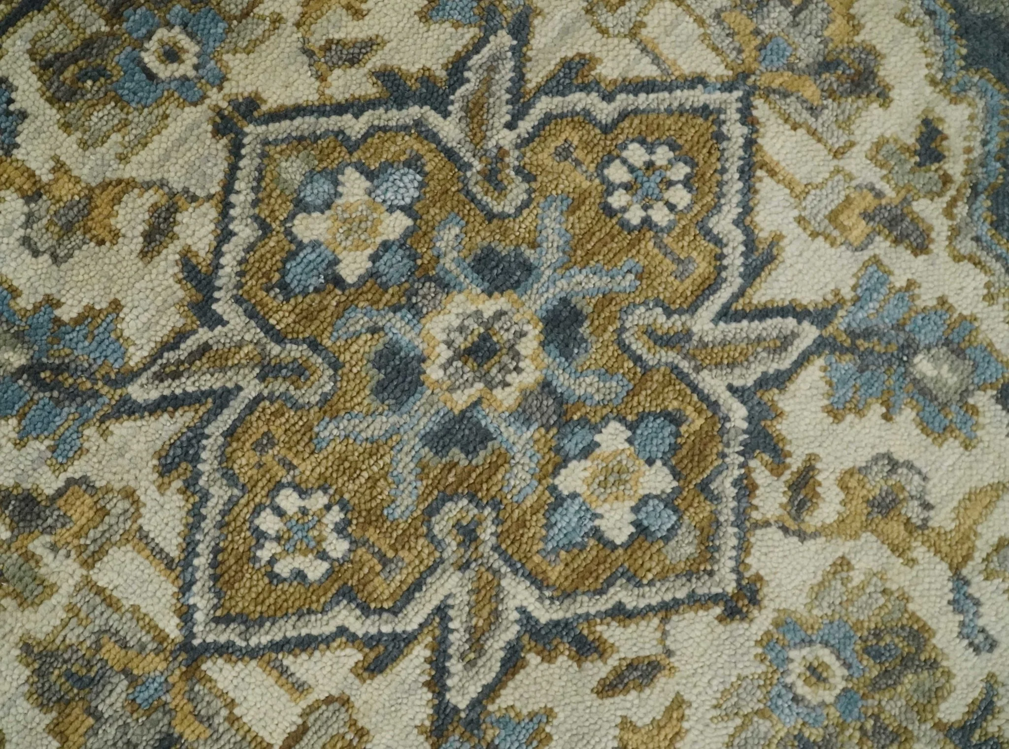 Antique Muted Traditional Heriz Serapi Medallion Blue ,Beige and Brown Hand knotted Custom made wool Area Rug - Image 5