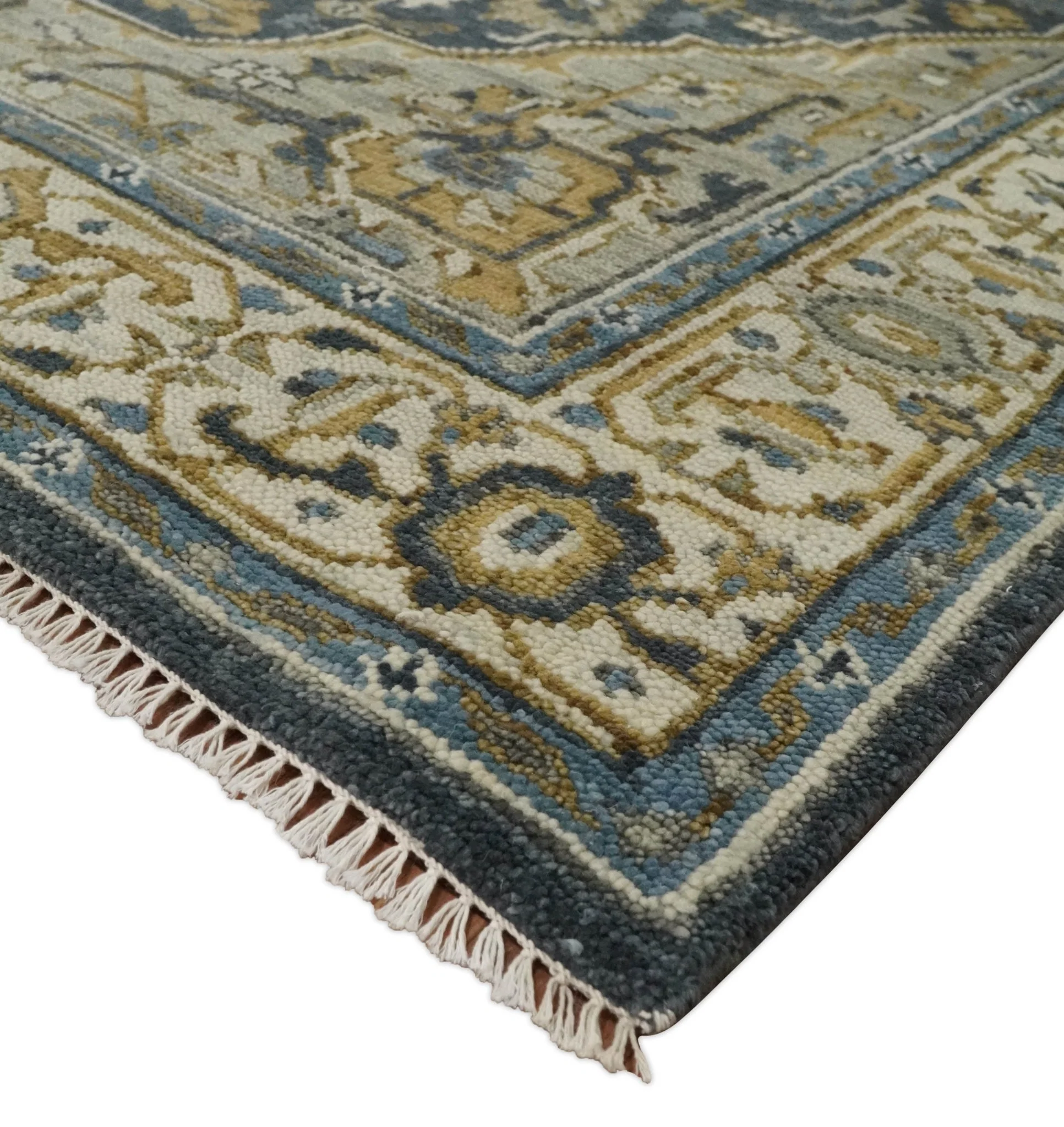 Antique Muted Traditional Heriz Serapi Medallion Blue ,Beige and Brown Hand knotted Custom made wool Area Rug - Image 6