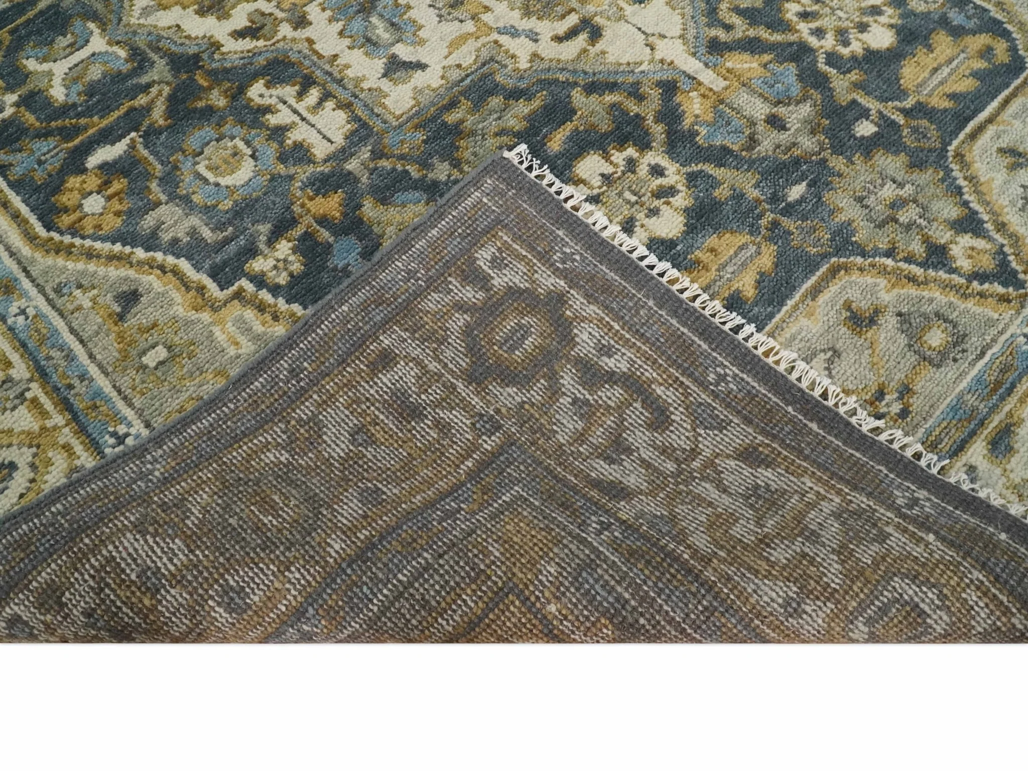 Antique Muted Traditional Heriz Serapi Medallion Blue ,Beige and Brown Hand knotted Custom made wool Area Rug - Image 8