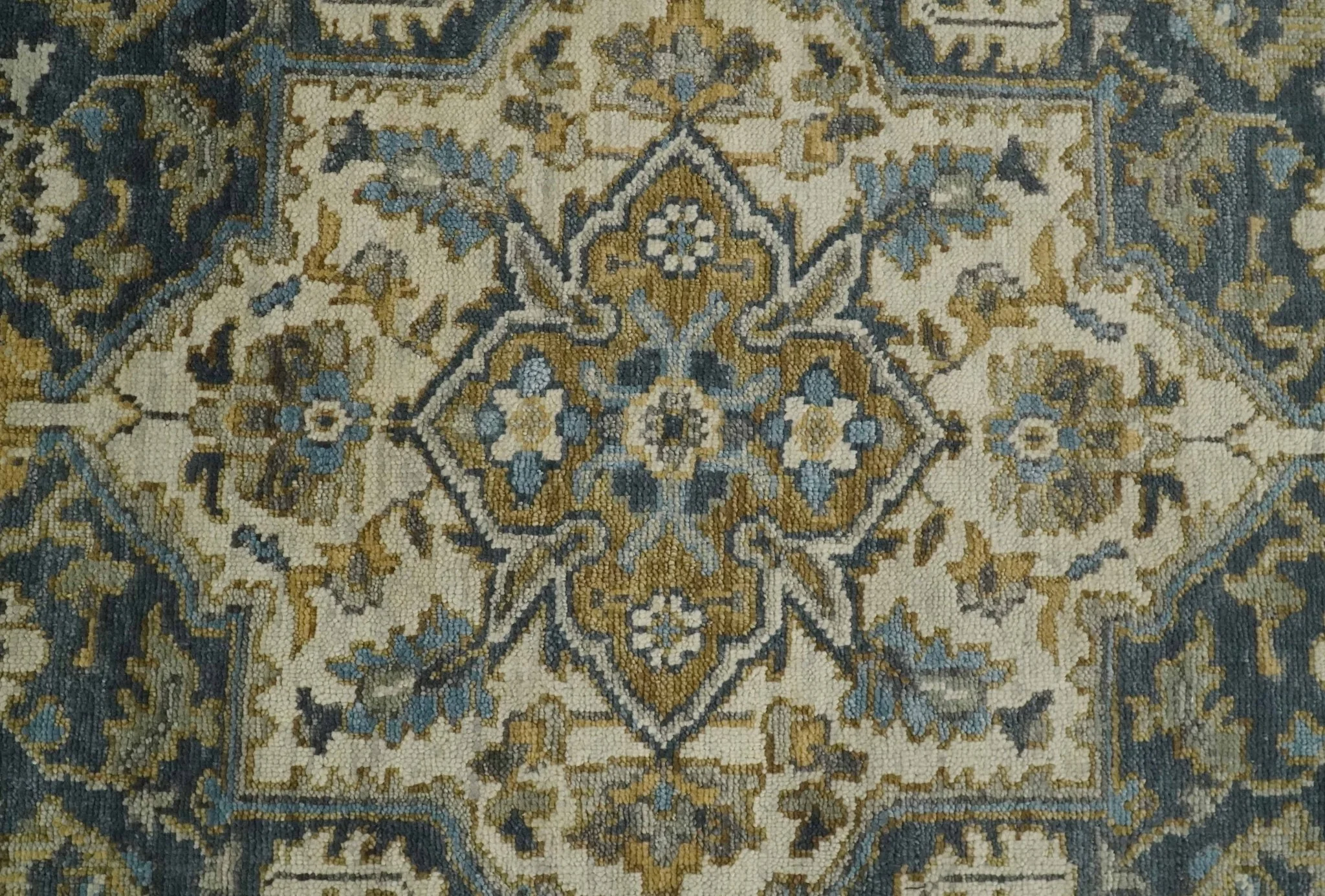 Antique Muted Traditional Heriz Serapi Medallion Blue ,Beige and Brown Hand knotted Custom made wool Area Rug - Image 9