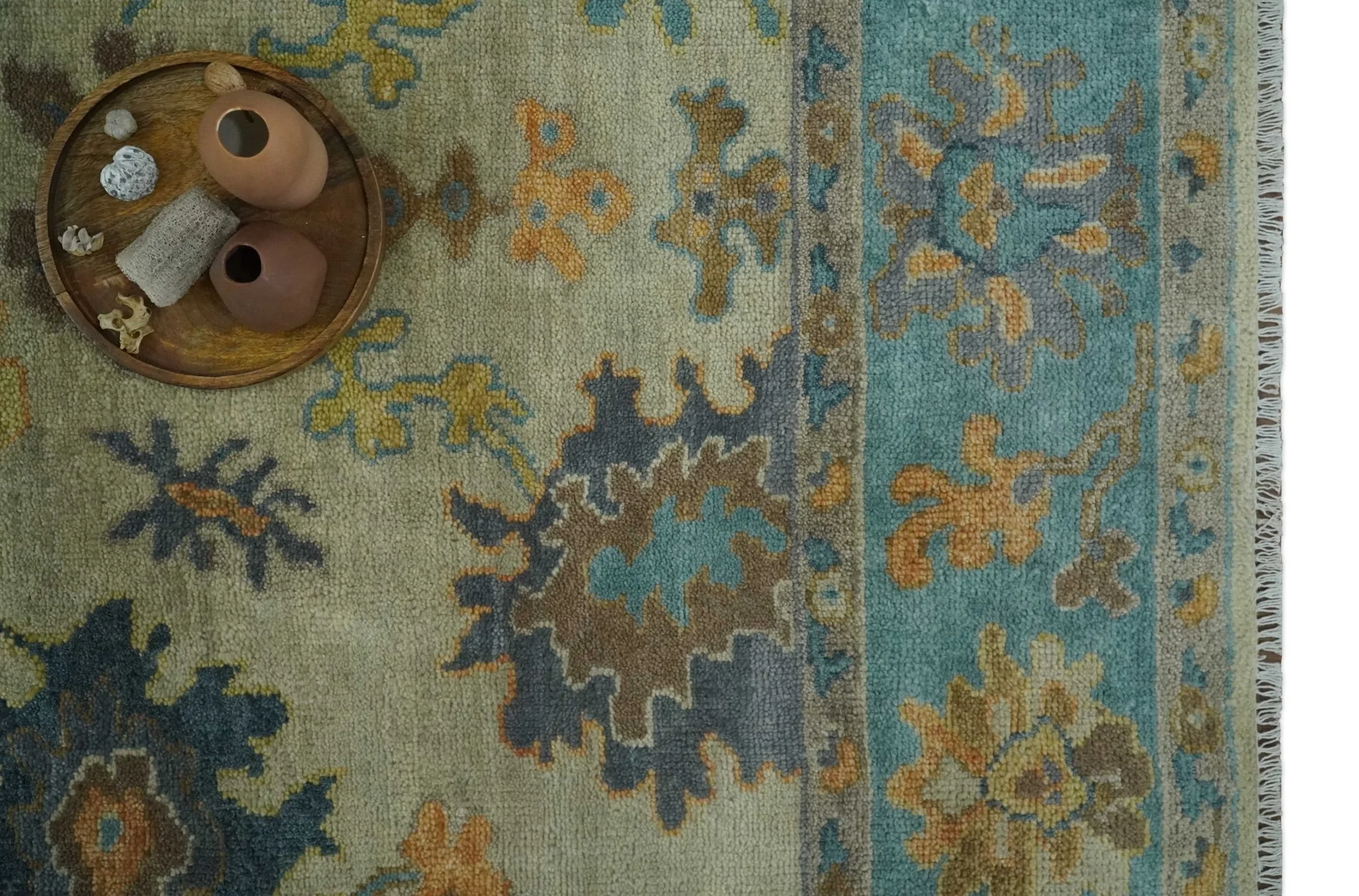 Antique Style Olive and Blue Hand knotted Traditional Oushak 8x10 wool Area Rug - Image 10