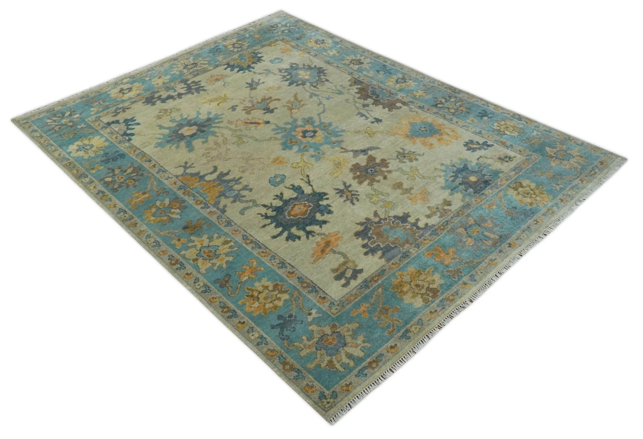 Antique Style Olive and Blue Hand knotted Traditional Oushak 8x10 wool Area Rug - Image 11