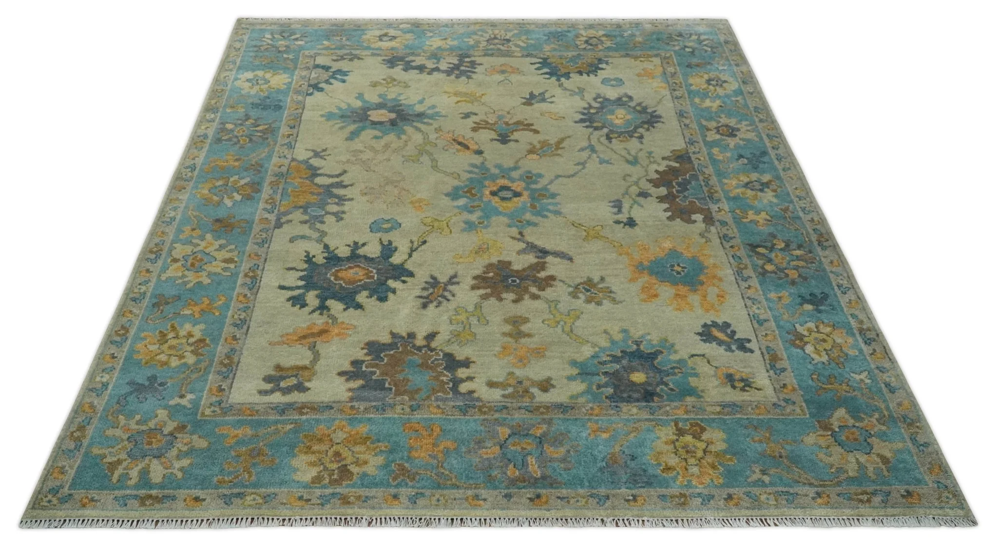 Antique Style Olive and Blue Hand knotted Traditional Oushak 8x10 wool Area Rug - Image 12