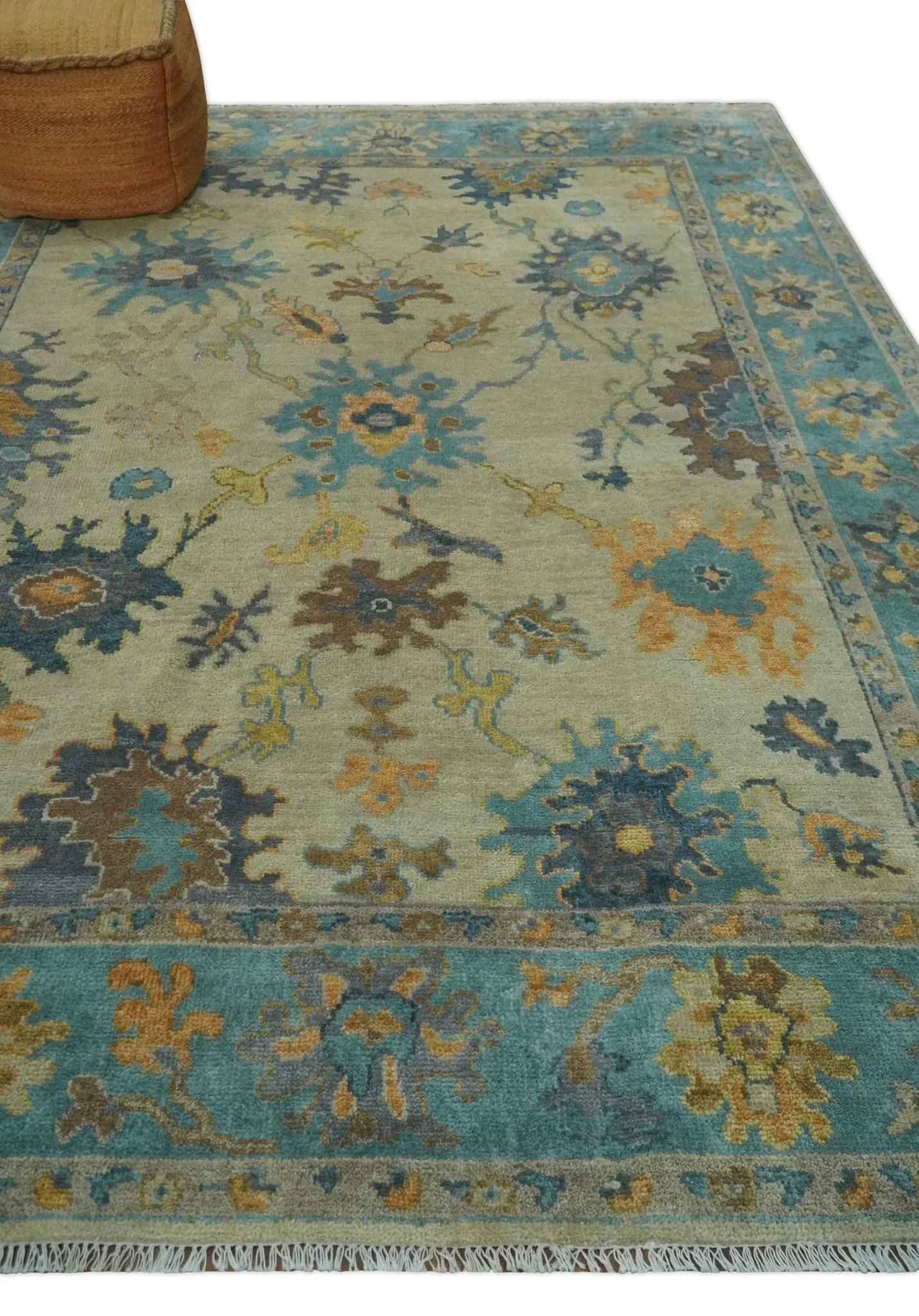Antique Style Olive and Blue Hand knotted Traditional Oushak 8x10 wool Area Rug - Image 3