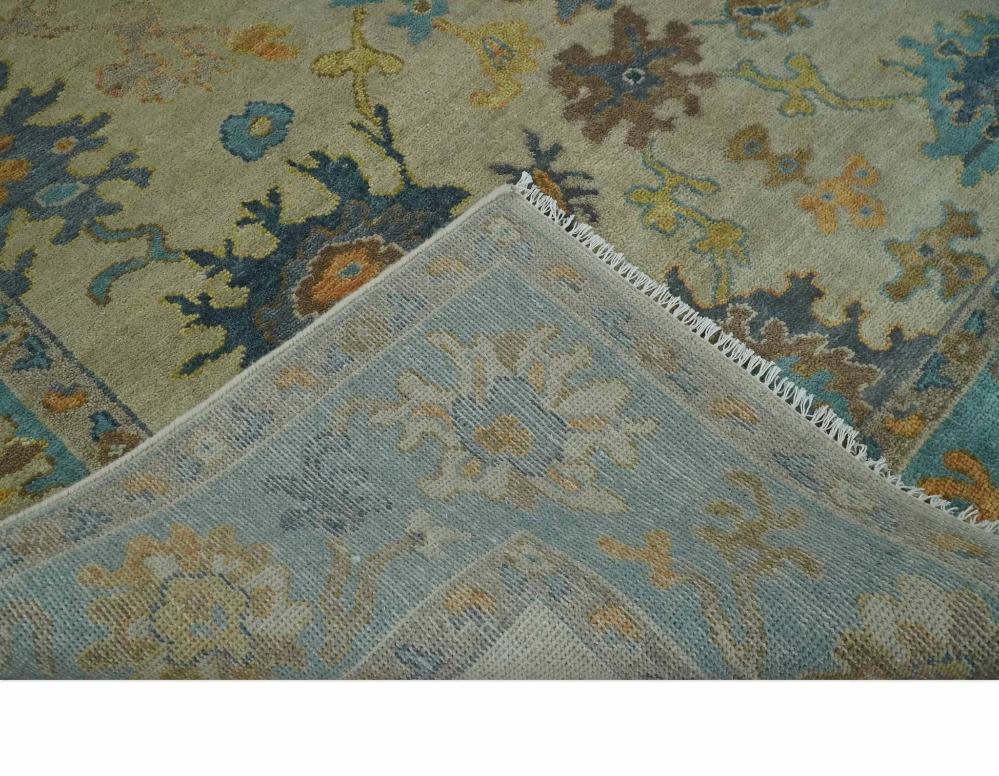 Antique Style Olive and Blue Hand knotted Traditional Oushak 8x10 wool Area Rug - Image 7