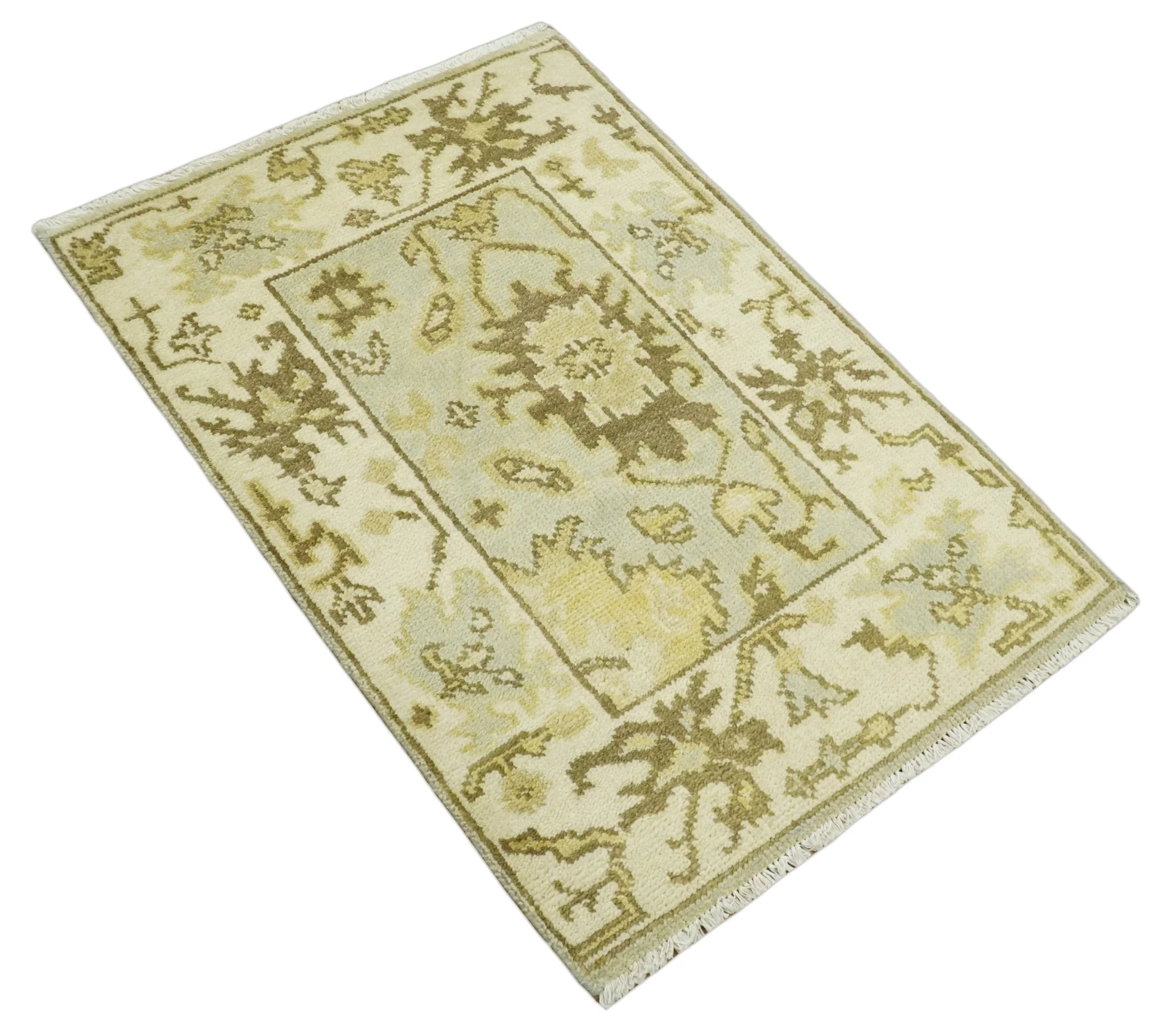 Antique Oushak 2x3 Beige and Brown Hand Knotted Entryway Wool Area Rug | TRD1925223 - Image 3