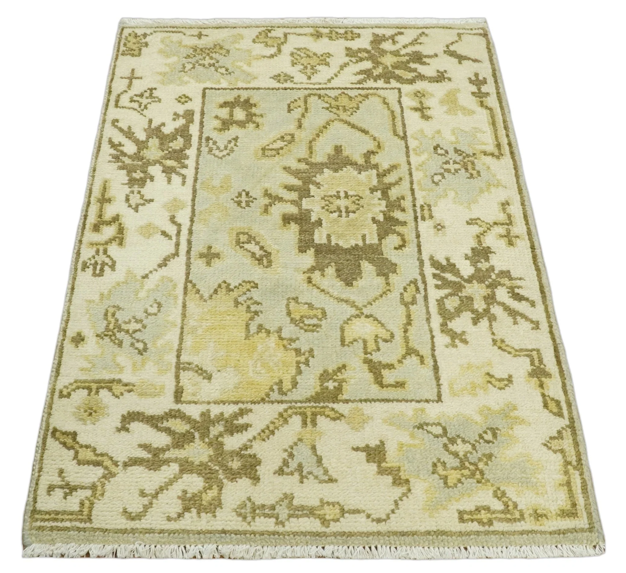 Antique Oushak 2x3 Beige and Brown Hand Knotted Entryway Wool Area Rug | TRD1925223 - Image 4