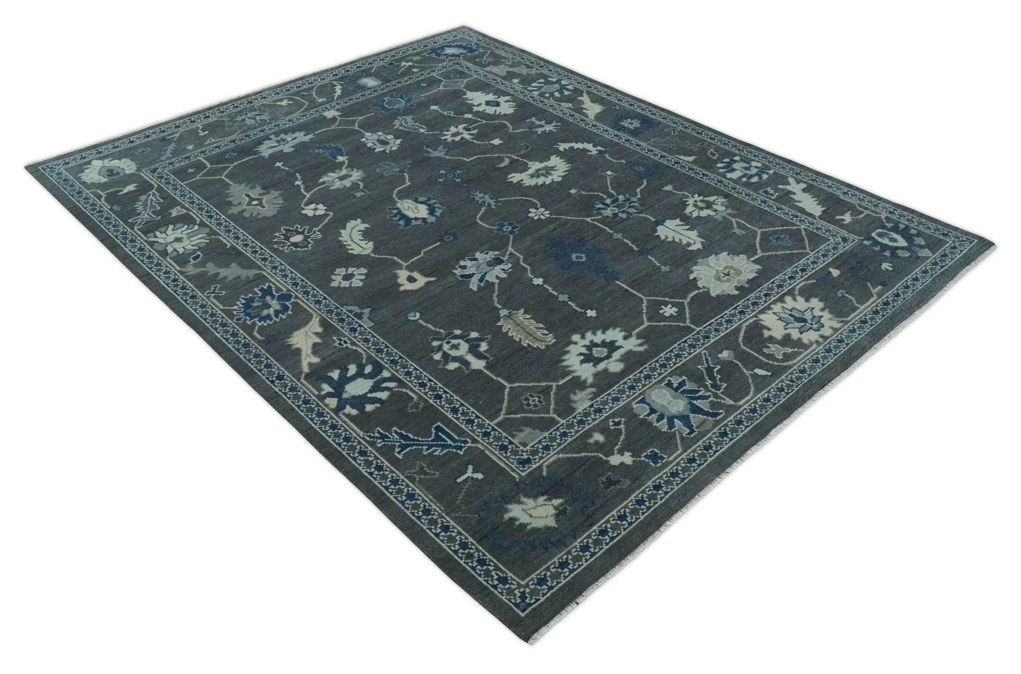 Antique Hand Knotted Oushak Charcoal and Blue Traditional Area Rug - Image 10