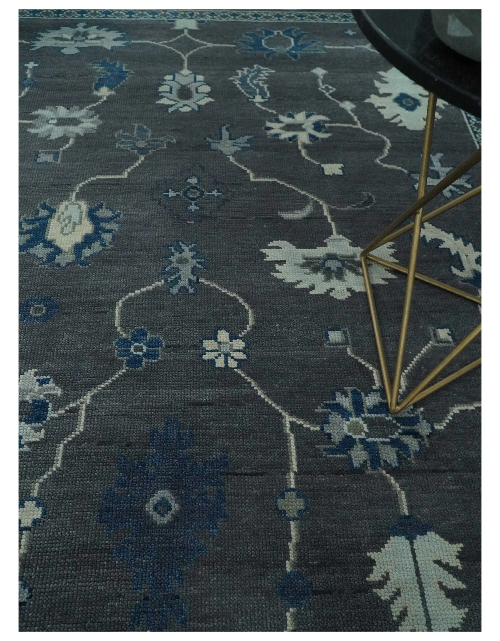 Antique Hand Knotted Oushak Charcoal and Blue Traditional Area Rug - Image 2