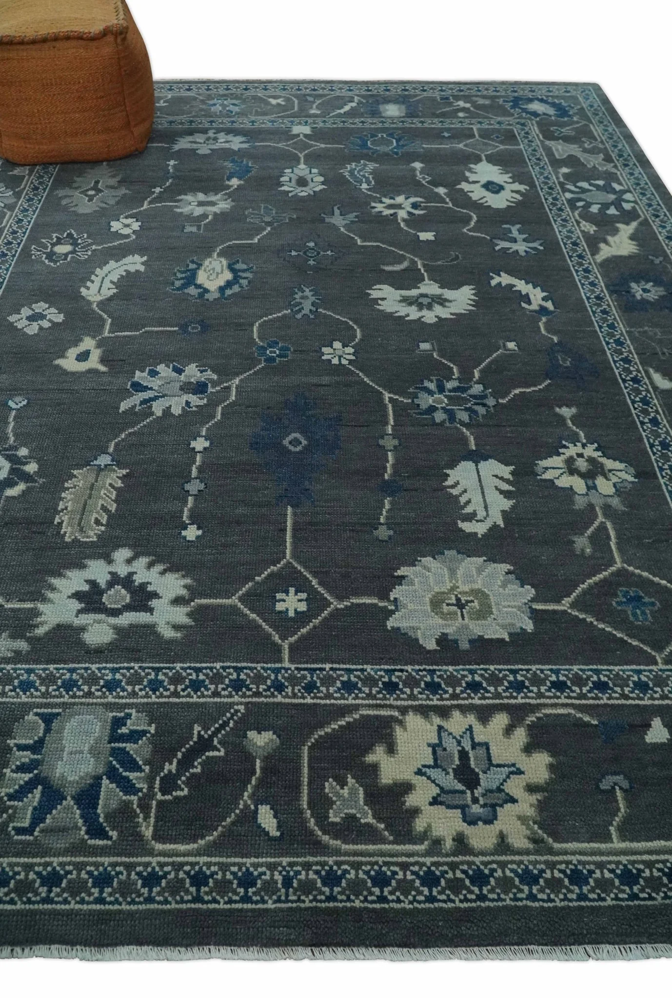 Antique Hand Knotted Oushak Charcoal and Blue Traditional Area Rug - Image 3